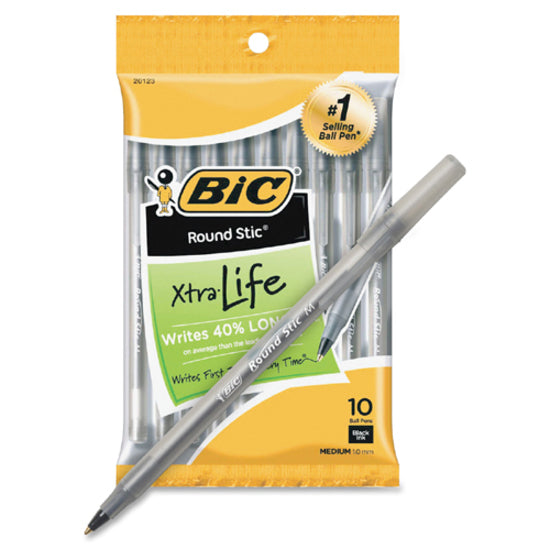 BIC Round Stic Ballpoint Pens - Medium Pen Point - Black - 10 / Pack -