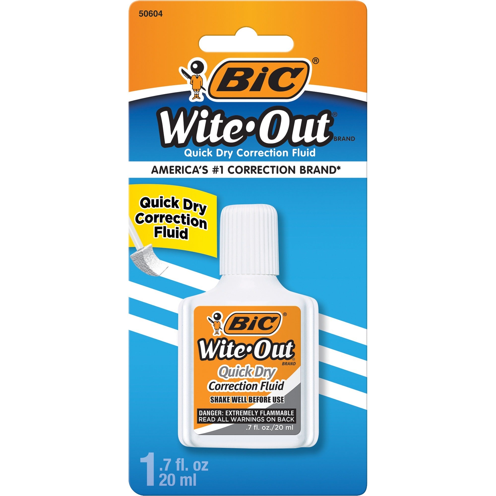 BIC Quick Dry Correction Fluid, White, 1 Pack - Foam Brush Applicator - 20 mL - White - Quick Drying, Spill Resistant - 1 / Pack -