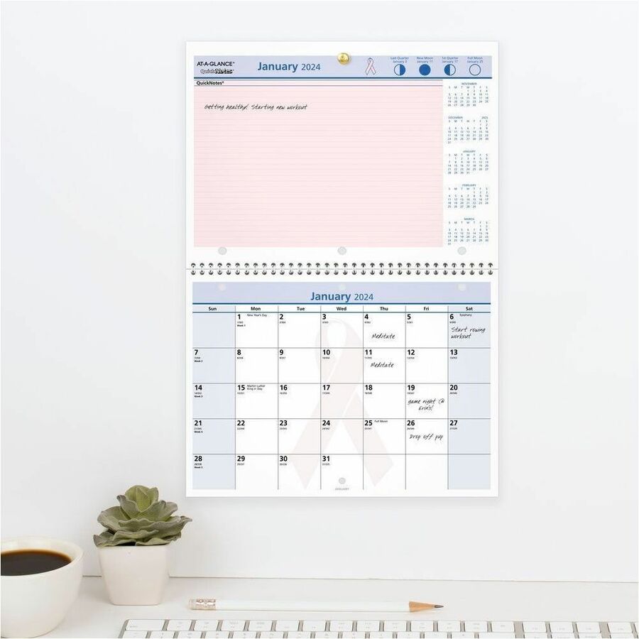 At-A-Glance QuickNotes City of Hope Wall Calendar - Small Size - Julian Dates - Monthly - 12 Month - January 2024 - December 2024 - 1 Month Single Page Layout - 11" x 8" White Sheet - 1.25" x 1.25" Block - Wire Bound - Desktop - Paper - Notepad, Prin - 2