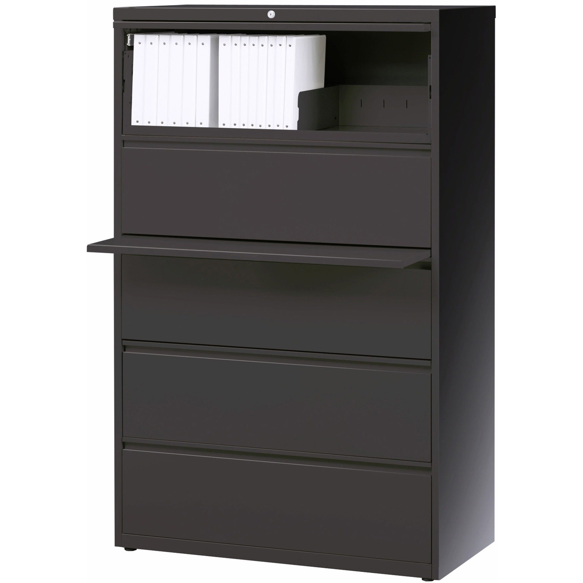 Lorell Fortress Series Lateral File w/Roll-out Posting Shelf - 36" x 18.6" x 67.7" - 5 x Drawer(s) - Legal, Letter, A4 - Lateral - Rust Proof, Leveling Glide, Interlocking - Charcoal - Baked Enamel - Steel - Recycled -