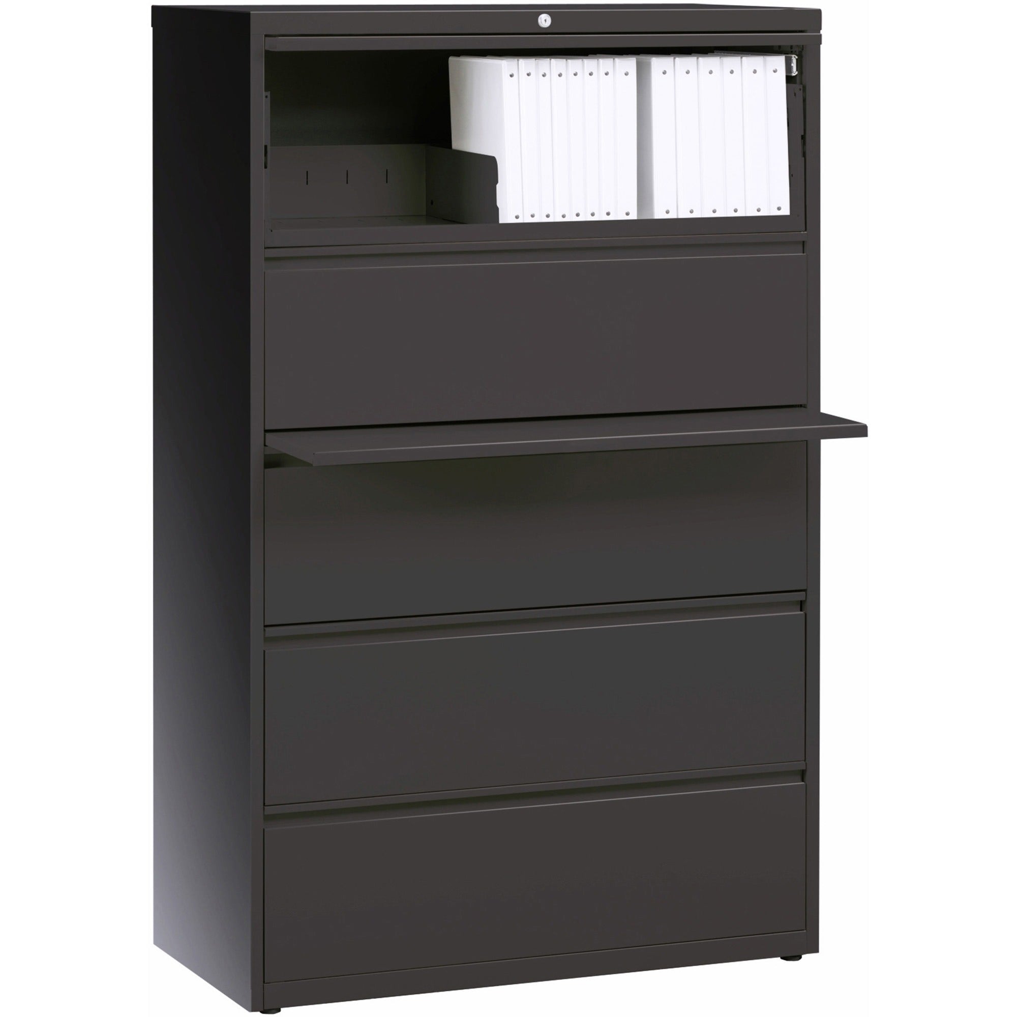 Lorell Fortress Series Lateral File w/Roll-out Posting Shelf - 36" x 18.6" x 67.7" - 5 x Drawer(s) - Legal, Letter, A4 - Lateral - Rust Proof, Leveling Glide, Interlocking - Charcoal - Baked Enamel - Steel - Recycled -