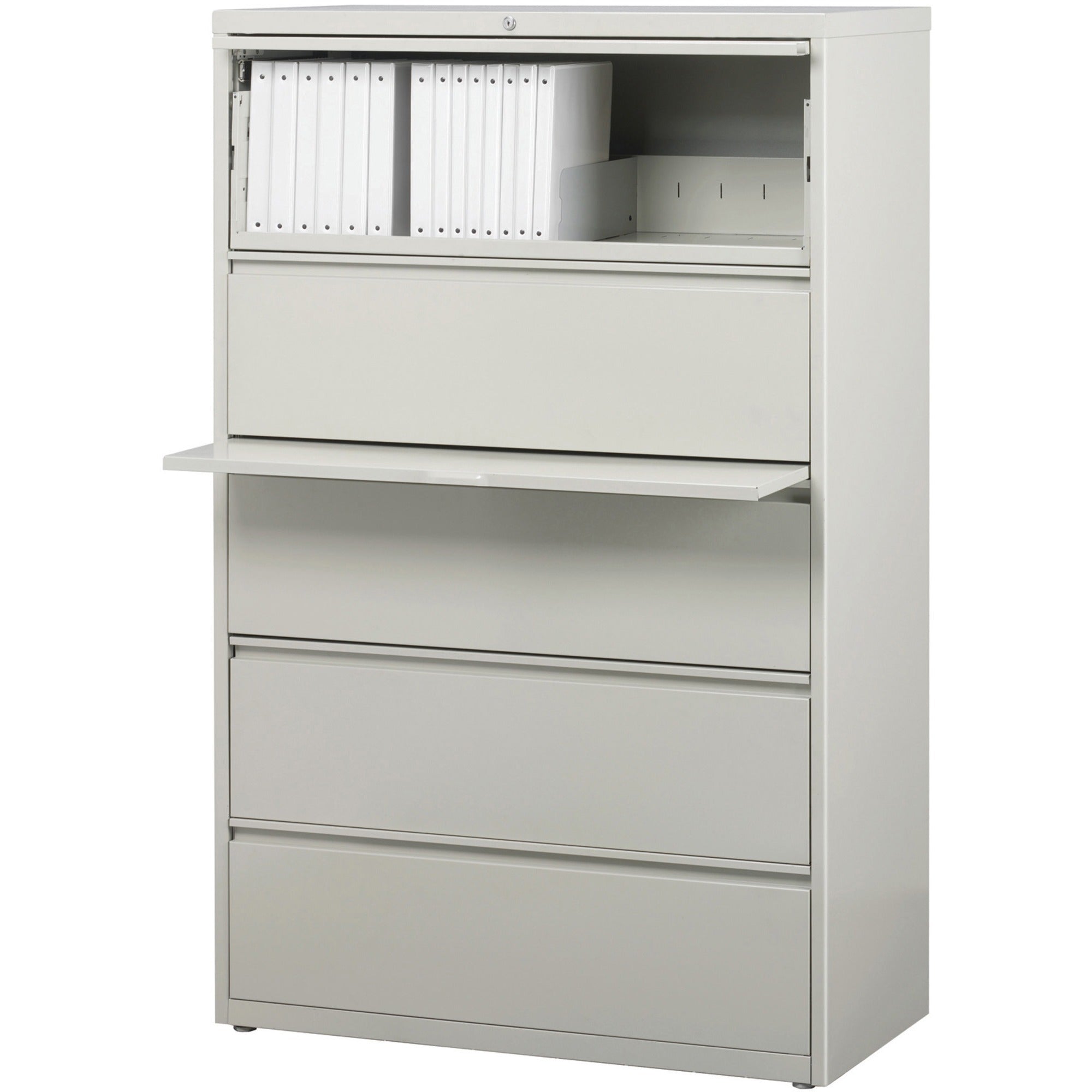 Lorell Fortress Series Lateral File w/Roll-out Posting Shelf - 36" x 18.6" x 67.7" - 5 x Drawer(s) for File - Legal, Letter, A4 - Lateral - Rust Proof, Leveling Glide, Interlocking, Ball-bearing Suspension, Label Holder - Light Gray - Baked Enamel - -