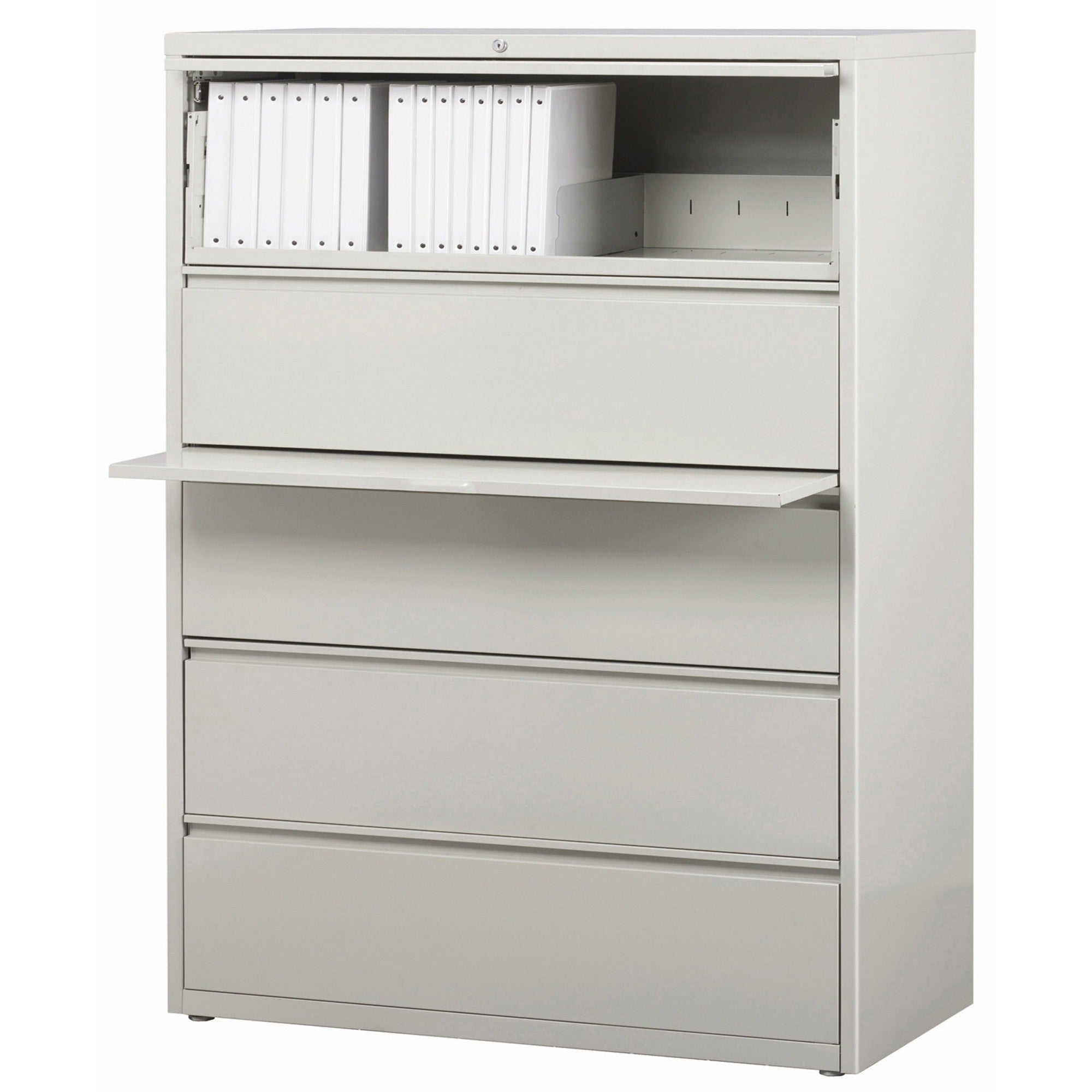 Lorell Fortress Series Lateral File w/Roll-out Posting Shelf - 42" x 18.6" x 67.7" - 5 x Drawer(s) for File - Legal, Letter, A4 - Lateral - Rust Proof, Leveling Glide, Interlocking, Ball-bearing Suspension, Label Holder - Light Gray - Steel - Recycle -