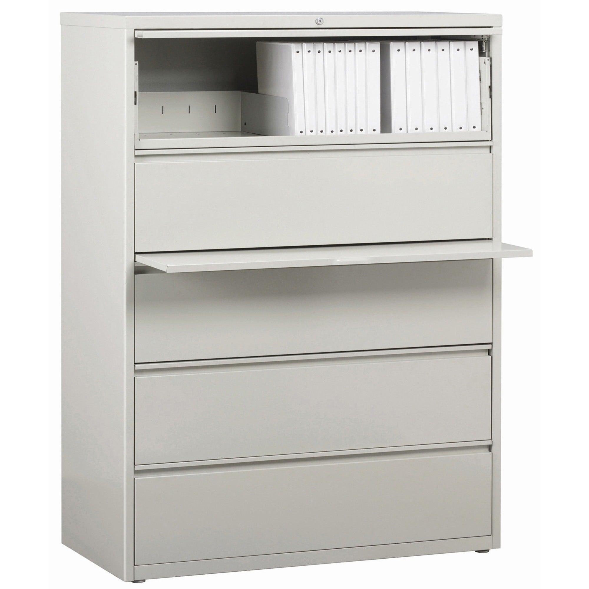 Lorell Fortress Series Lateral File w/Roll-out Posting Shelf - 42" x 18.6" x 67.7" - 5 x Drawer(s) for File - Legal, Letter, A4 - Lateral - Rust Proof, Leveling Glide, Interlocking, Ball-bearing Suspension, Label Holder - Light Gray - Steel - Recycle -