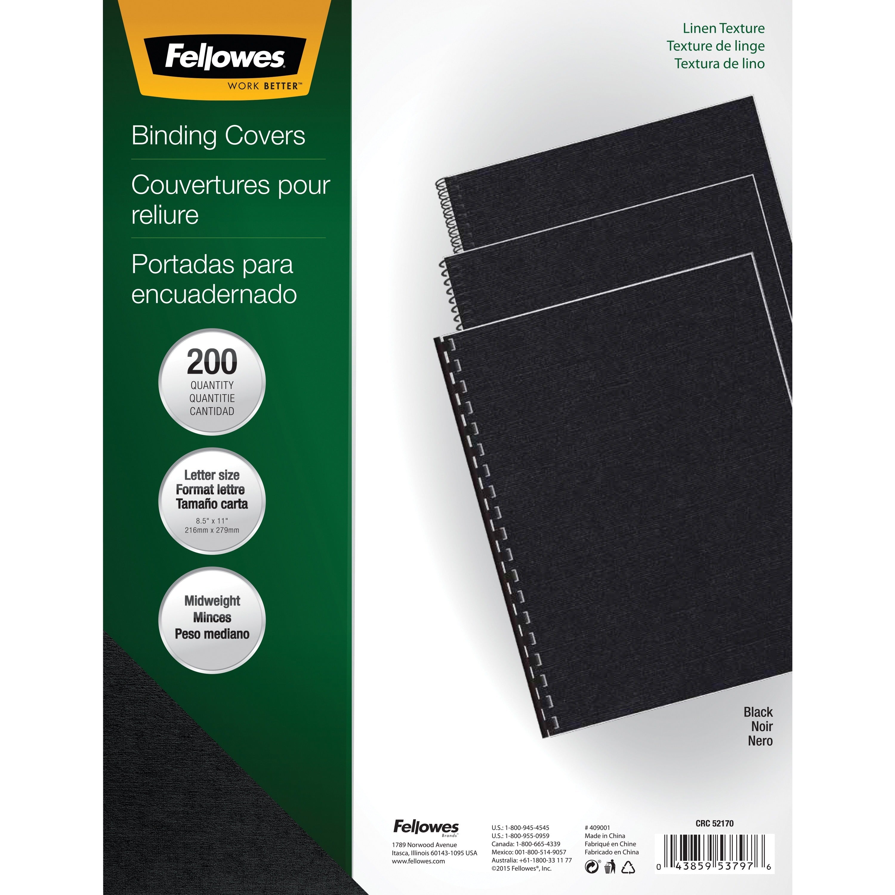 Fellowes Expressions Linen Presentation Covers - 11" Height x 8.5" Width x 0.1" Depth - For Letter 8 1/2" x 11" Sheet - Rectangular - Black - Linen - 200 / Pack -