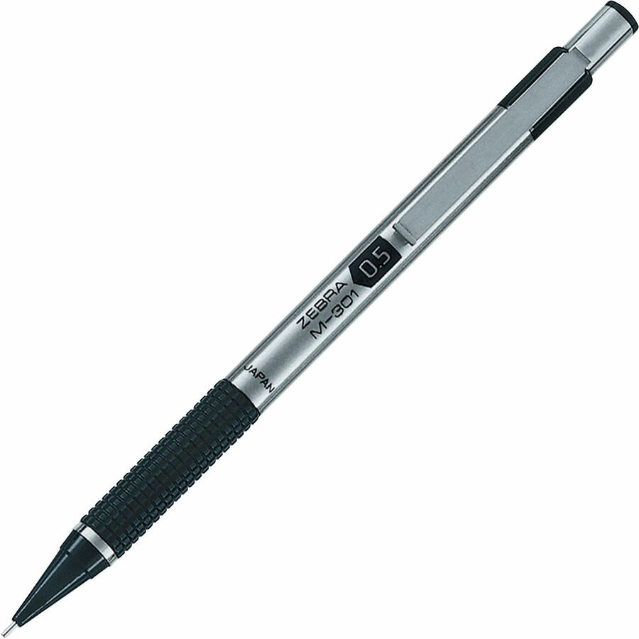 Zebra STEEL 3 Series M-301 Mechanical Pencil - 0.5 mm Lead Diameter - Refillable - Silver Stainless Steel, Black Barrel - 1 Each -