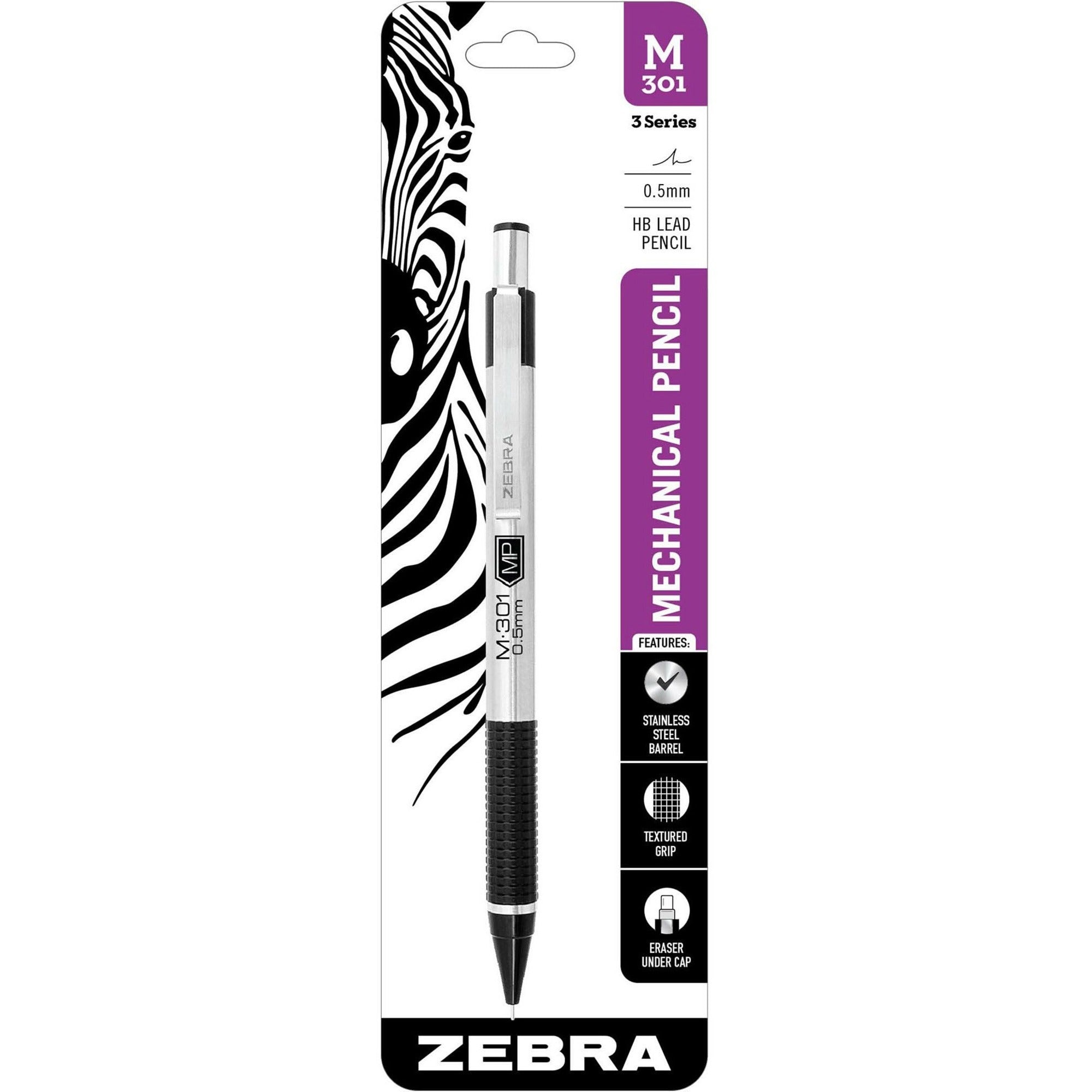 Zebra STEEL 3 Series M-301 Mechanical Pencil - 0.5 mm Lead Diameter - Refillable - Silver Stainless Steel, Black Barrel - 1 Each -