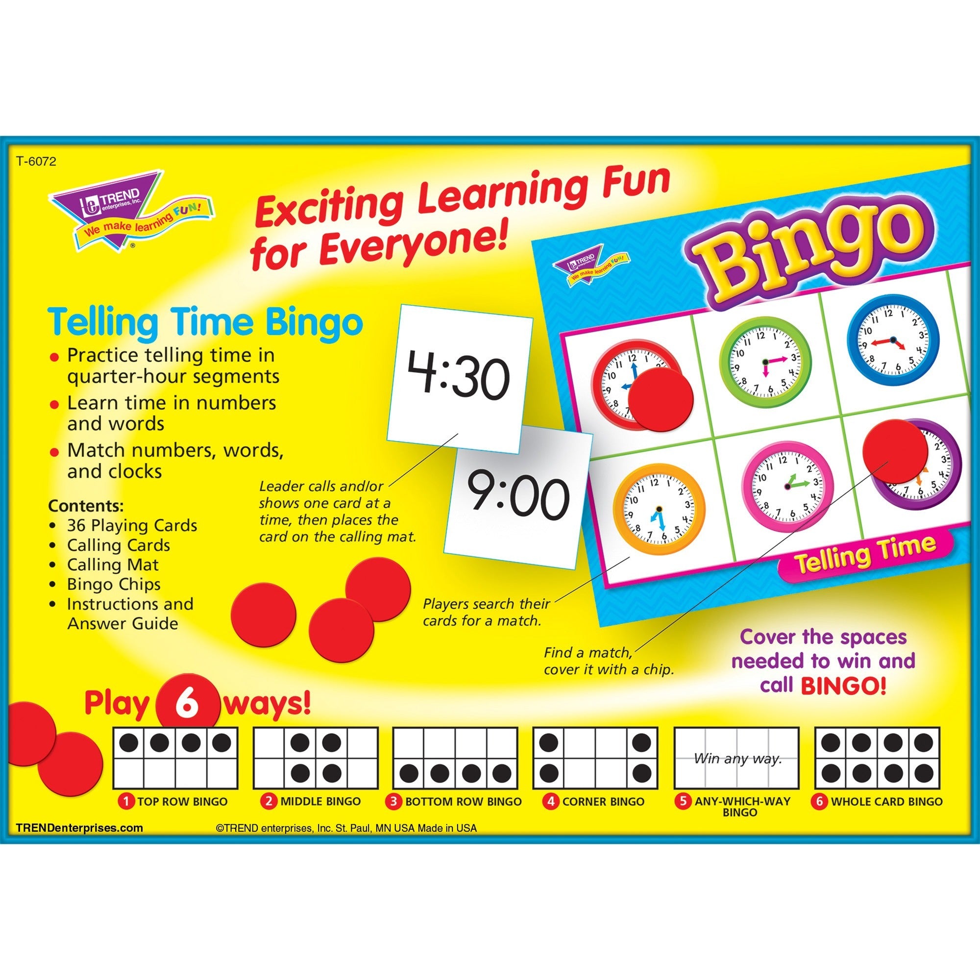 Trend Telling Time Bingo Game - Theme/Subject: Learning - Skill Learning: Time, Language - 6-8 Year -