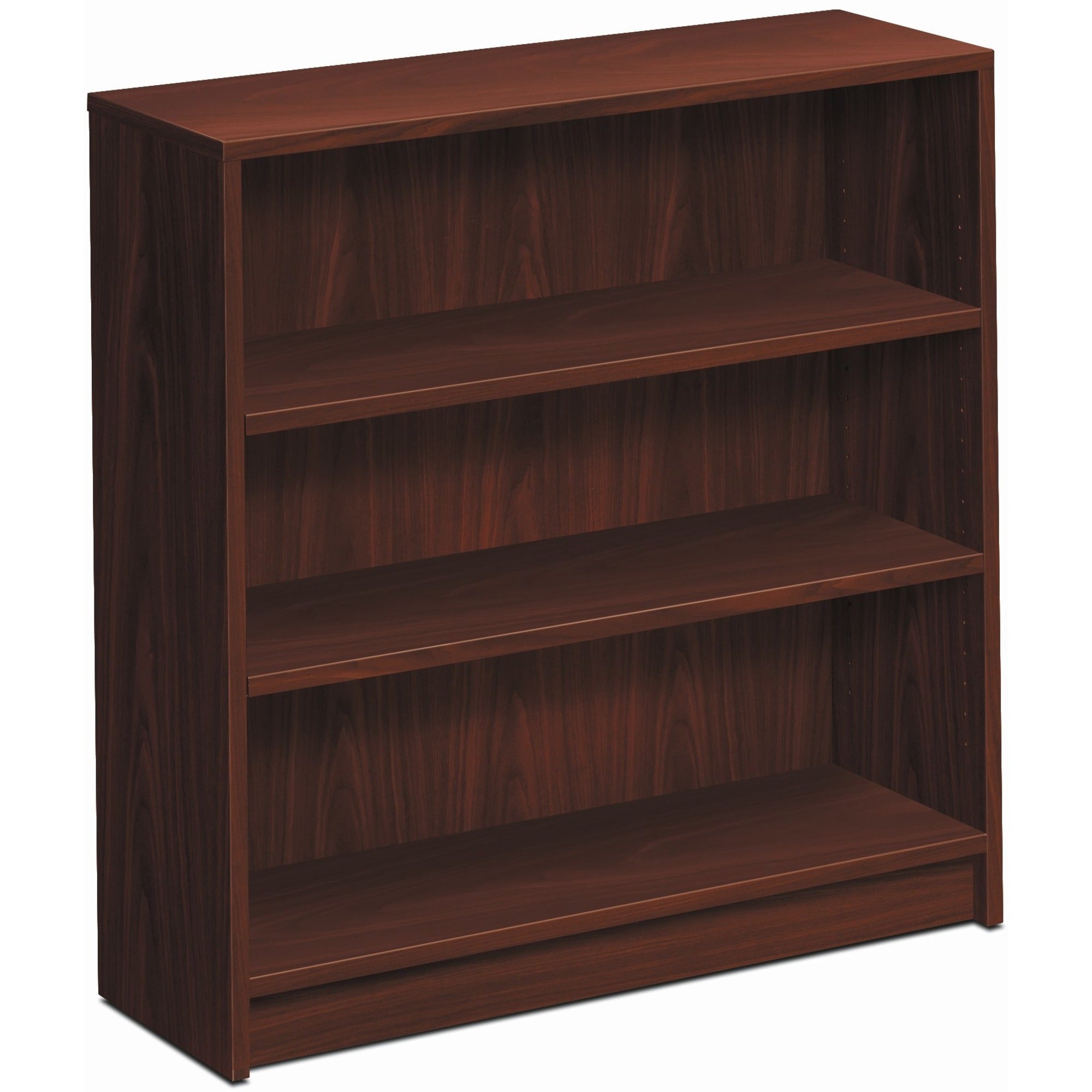 HON 1870 Series Bookcase | 3 Shelves | 36"W | Mahogany Finish - 3 Shelf(ves) - 36" Height x 36" Width x 11.5" Depth - Abrasion Resistant, Leveling Glide, Sturdy, Scratch Resistant, Spill Resistant, Stain Resistant - 42% Recycled - Laminate - Mahogany -
