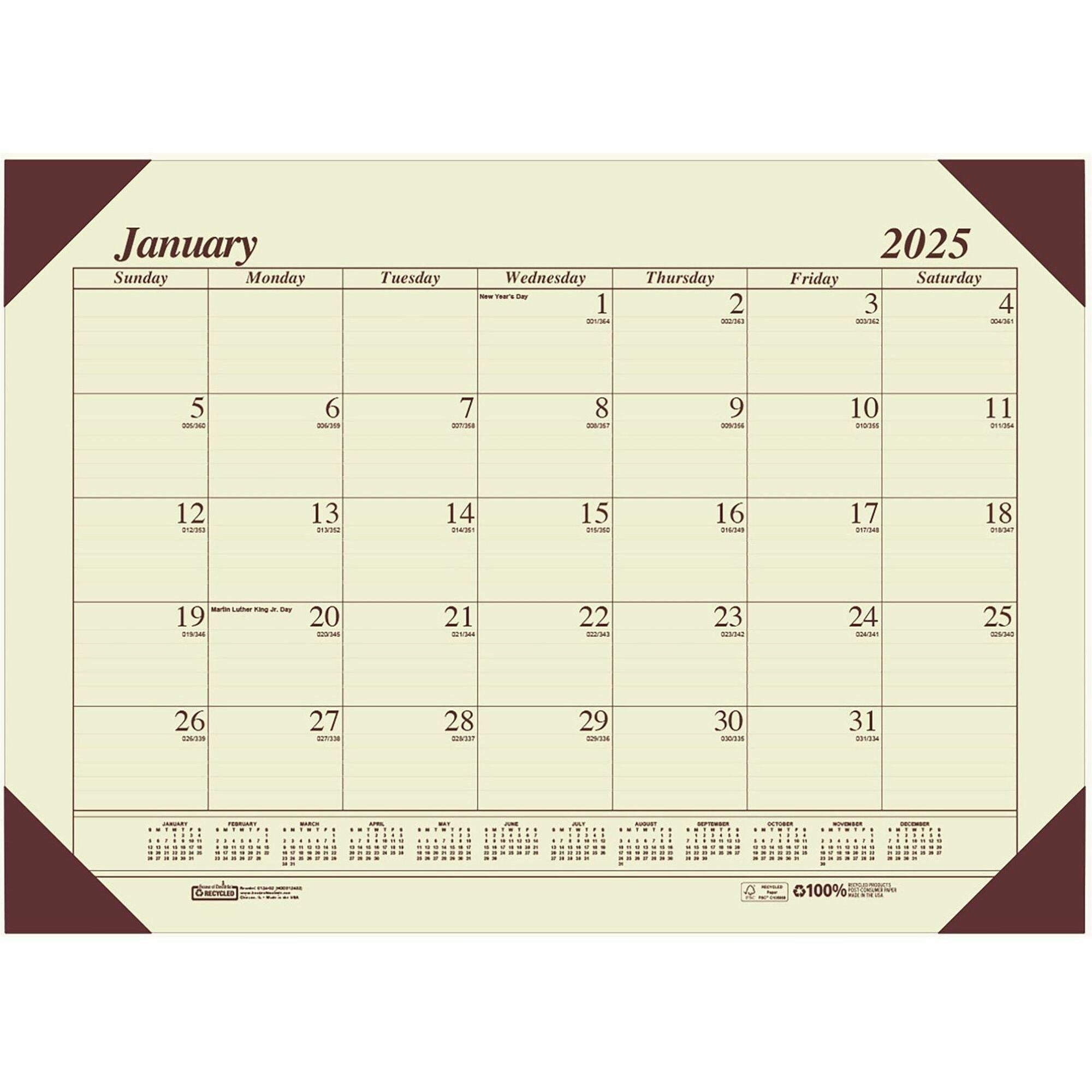 House of Doolittle Ecotones Compact Calendar Desk Pads - Julian Dates - Monthly - 1 Year - January 2024 - December 2024 - 1 Month Single Page Layout - 22" x 17" Sheet Size - 2.88" x 2.25" Block - Desk Pad - Tan - Leatherette, Paper - Holder - 1 Each -