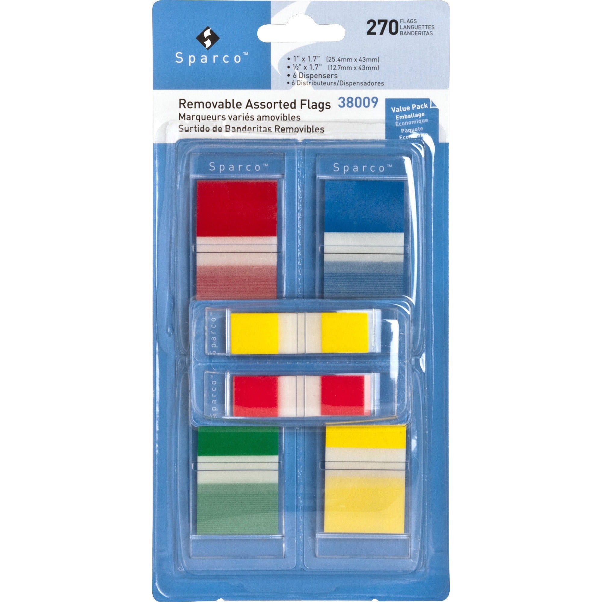 Sparco Removable Flags Combo Pack - 1" , 0.50" - Rectangle - Assorted - Self-adhesive - 270 / Pack -