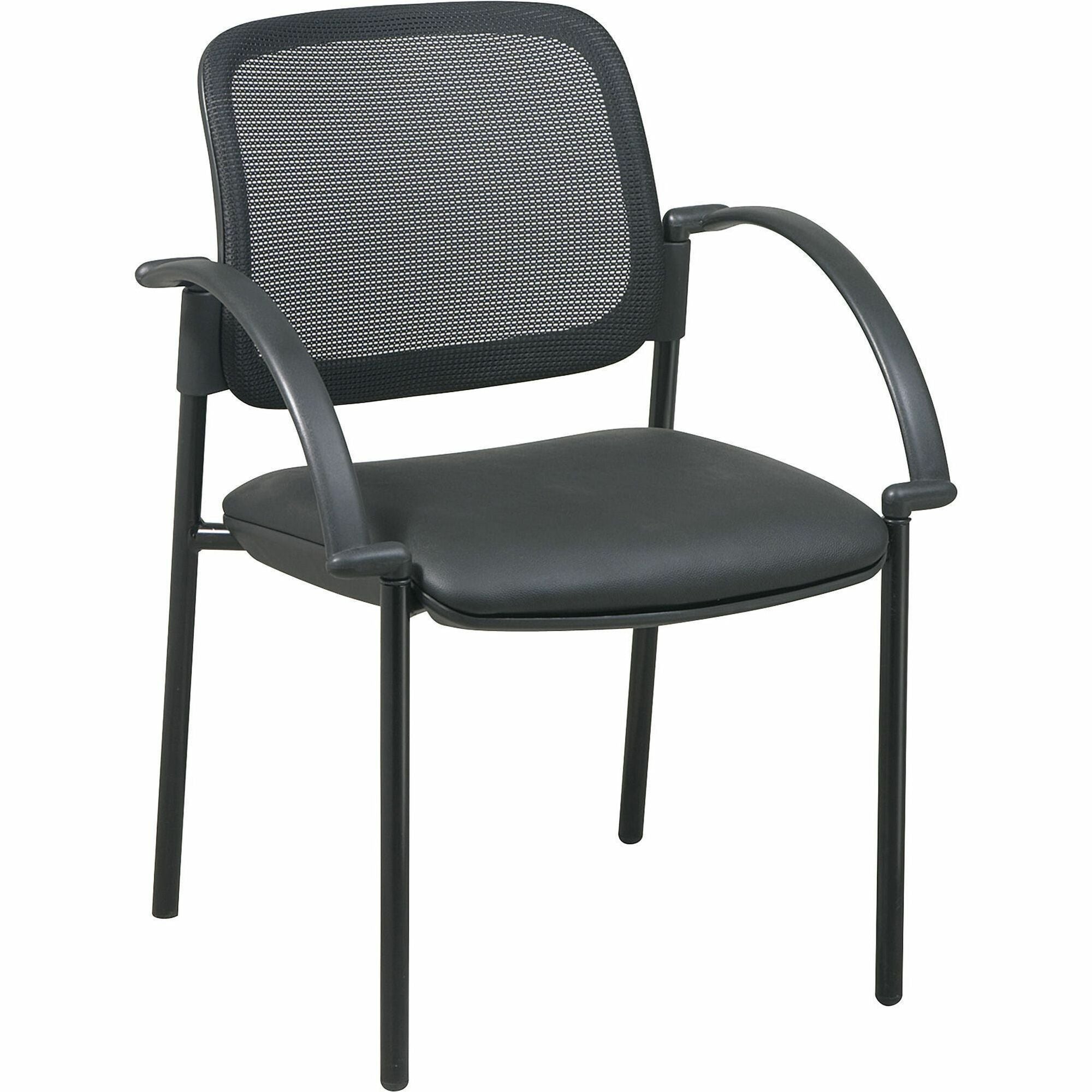 Lorell Mobile Mesh Back Guest Chair with Arms - Black Faux Leather Seat - Four-legged Base - Black - 1 Each -
