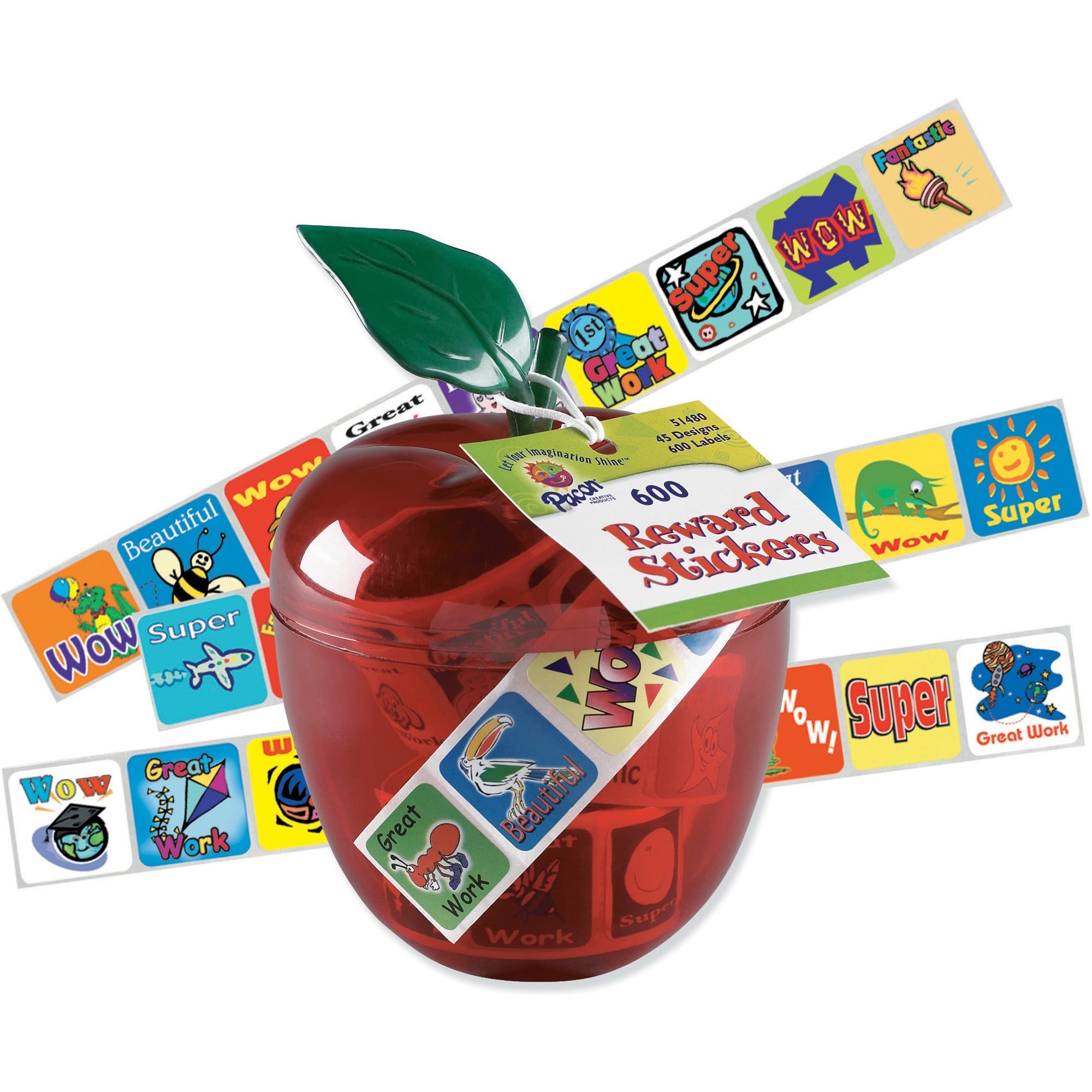 Pacon Plastic Apple Reward Stickers - 1" Height x 1" Width x 4" Length - Red - Plastic - 600 / Pack -