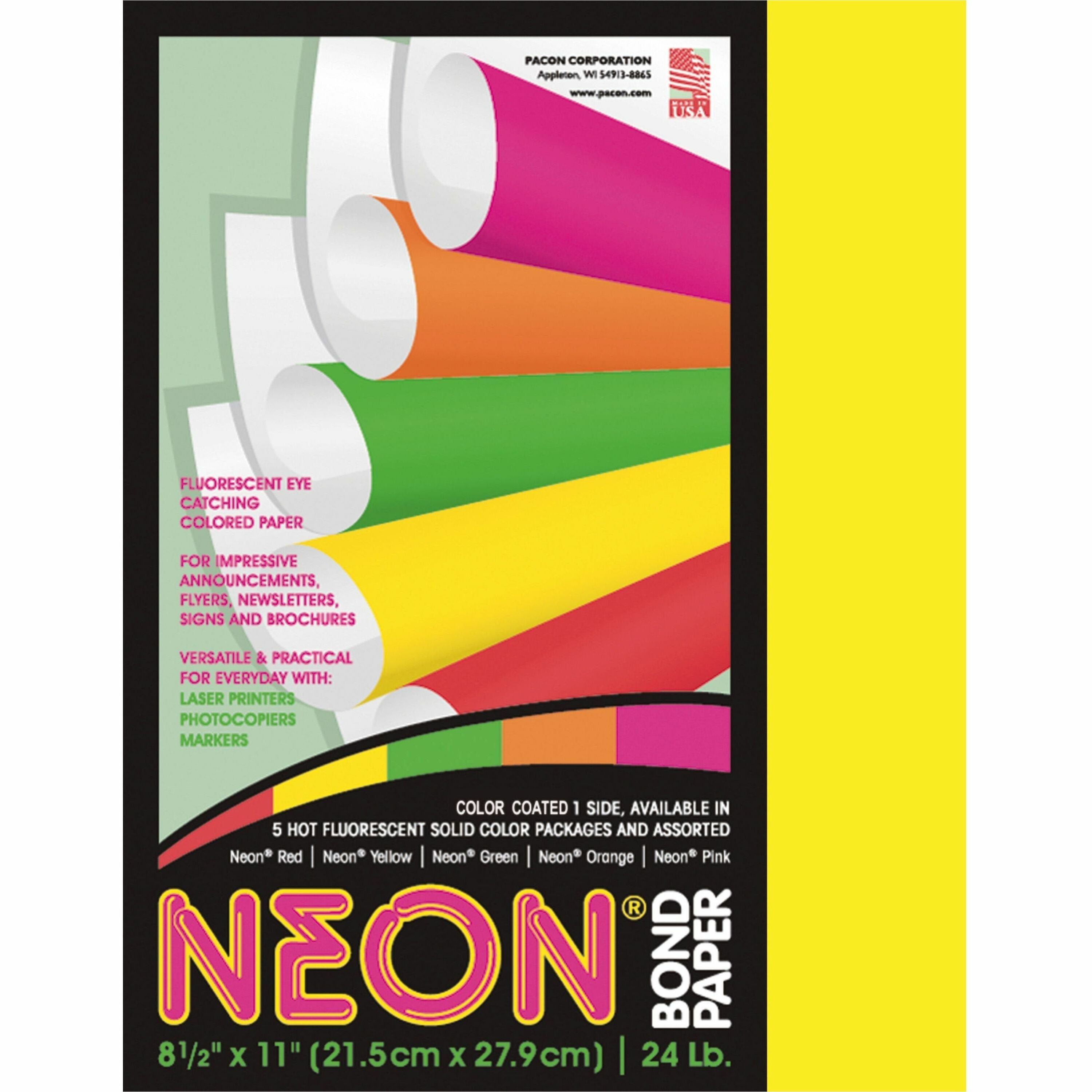Pacon Neon Multipurpose Paper - Yellow - Letter - 8.50" x 11" - 24 lb Basis Weight - 100 Sheets/Pack - Bond Paper - Neon Yellow -