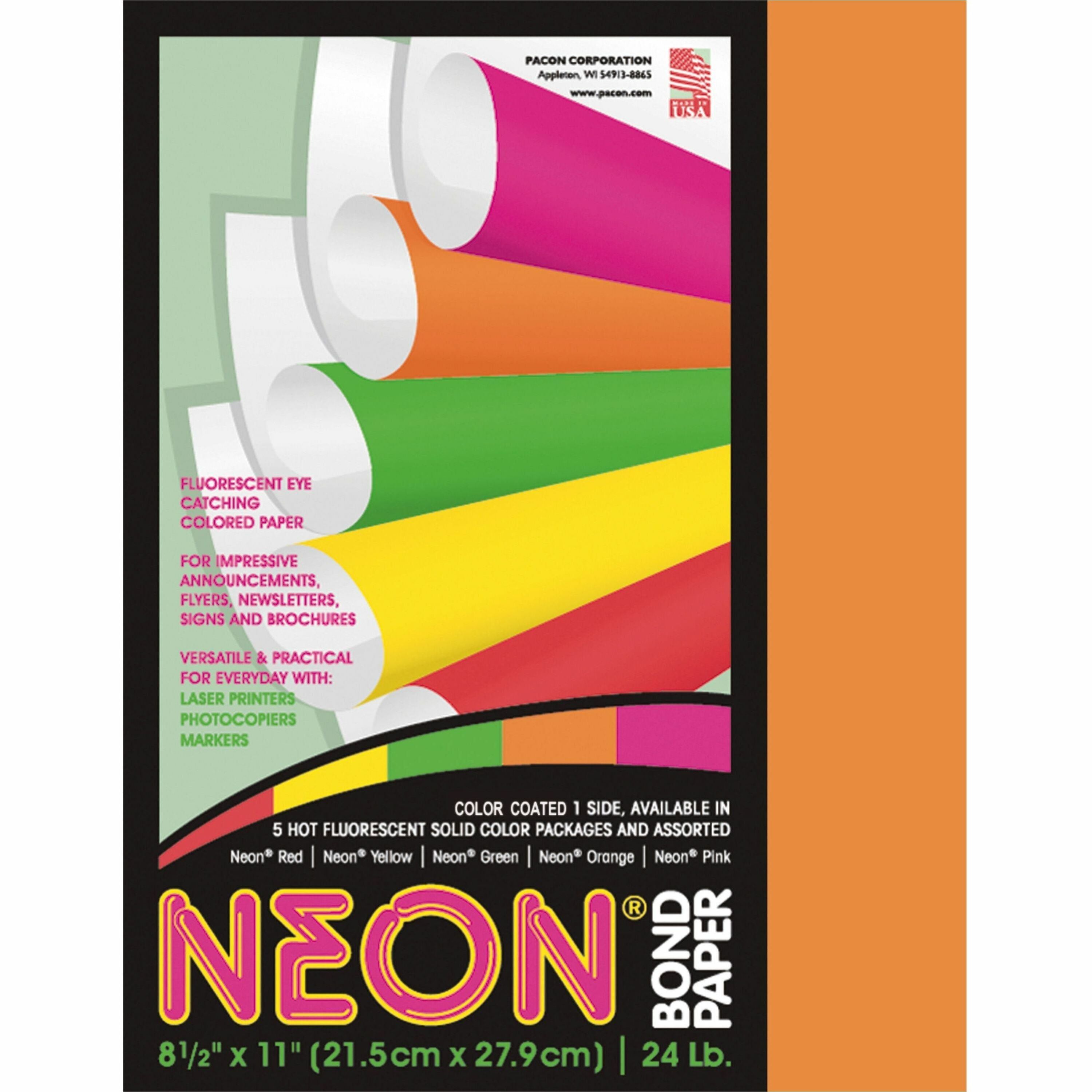 Pacon Neon Bond Paper - Orange - Letter - 8 1/2" x 11" - 24 lb Basis Weight - 100 / Pack - Sustainable Forestry Initiative (SFI) - Neon Orange -