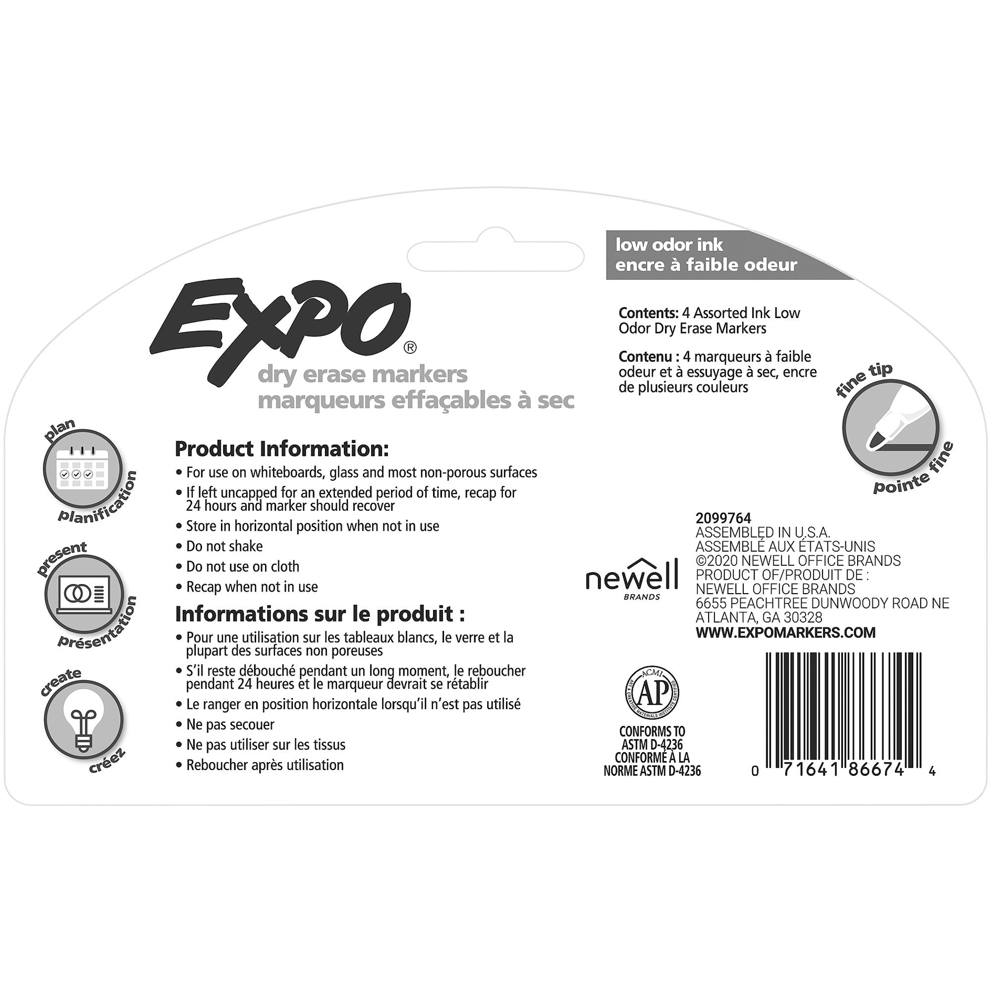 Expo Low-Odor Dry-erase Markers - Fine Marker Point - Assorted - 4 / Set -