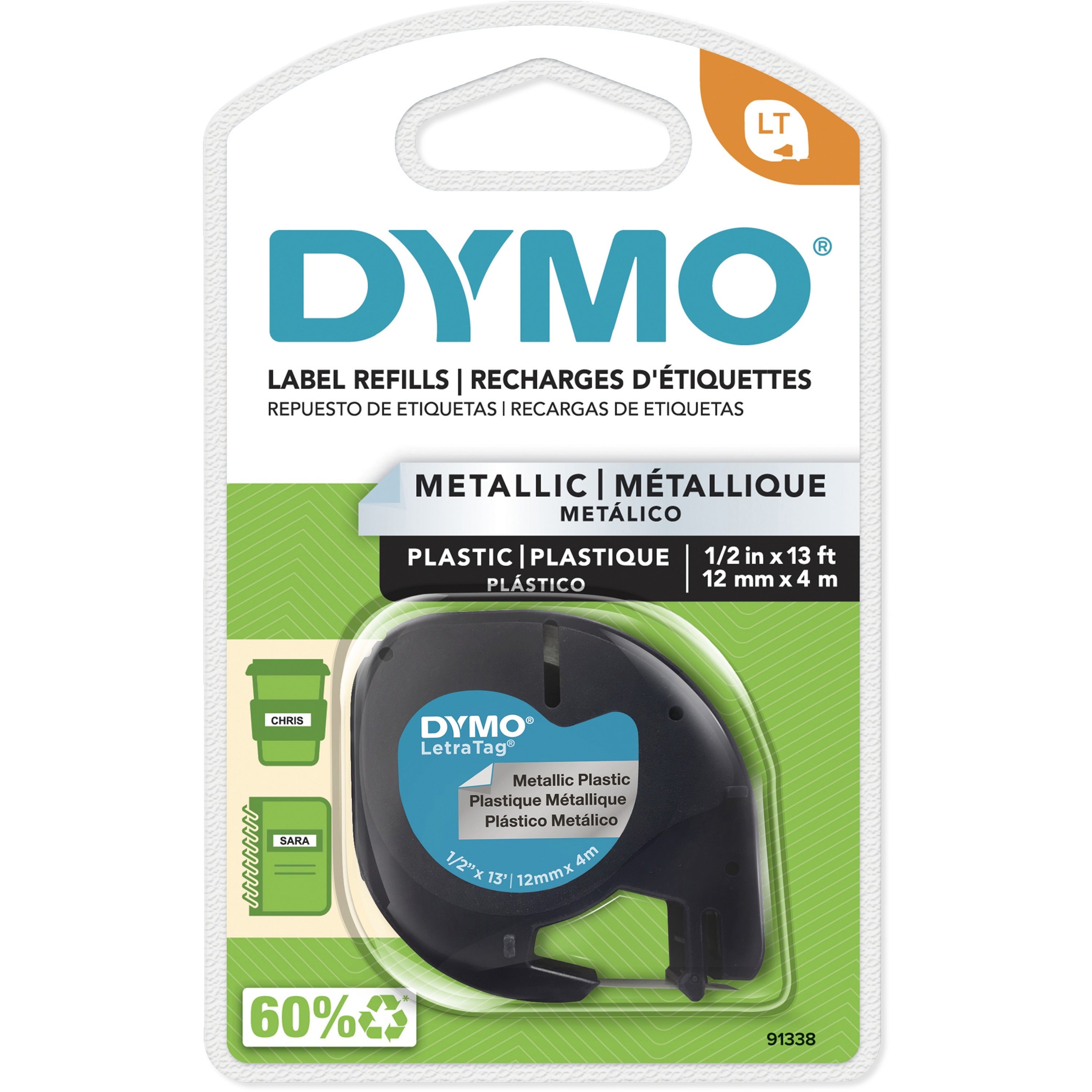 Dymo LetraTag Label Maker Tape Cartridge - 1/2" Width - Direct Thermal - Silver - 1 Each -