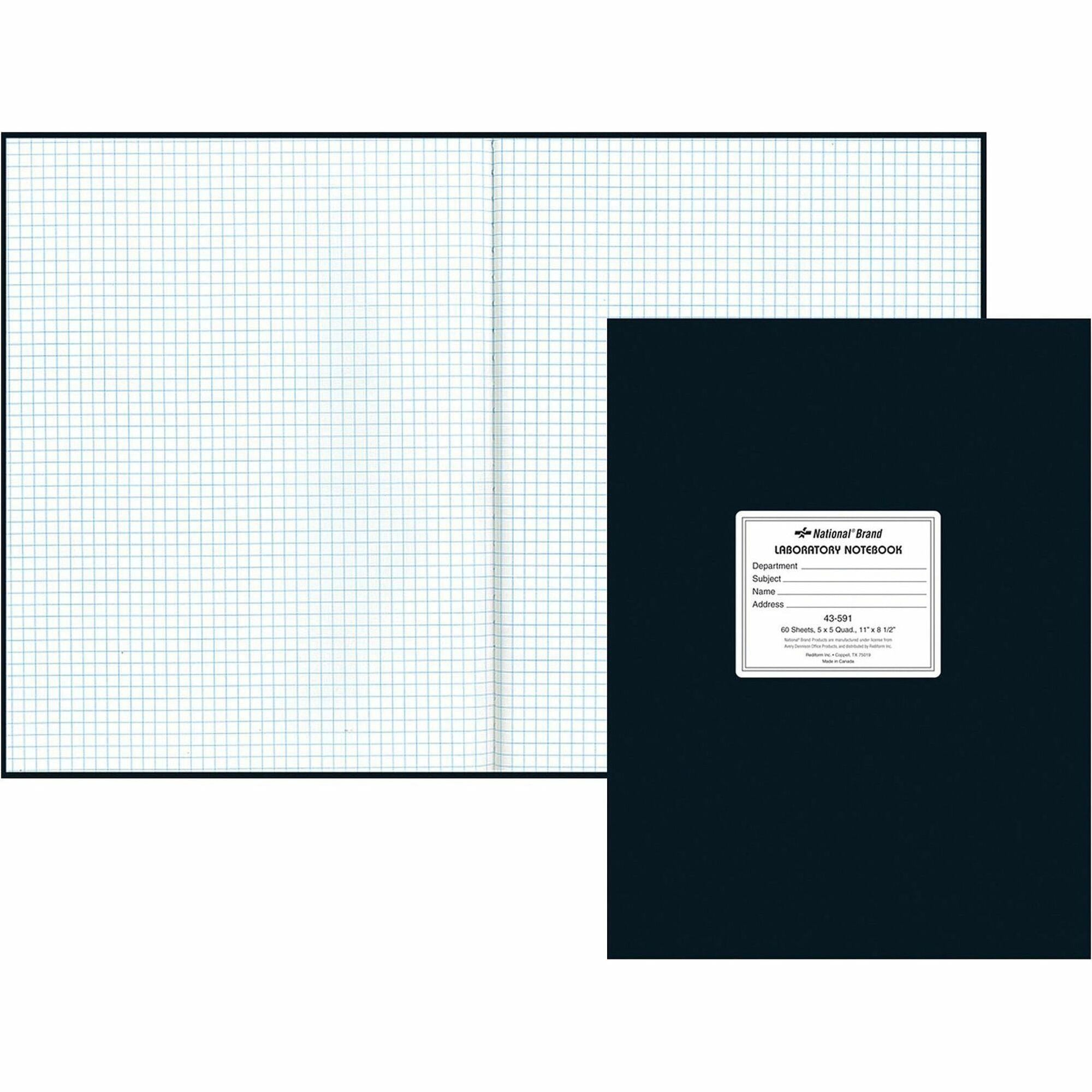 Rediform Quad Ruled Laboratory Notebook - 60 Sheets - 8 1/2" x 11" - White Paper - Black Cover - Hard Cover, Heavyweight - Recycled - 1 Each -