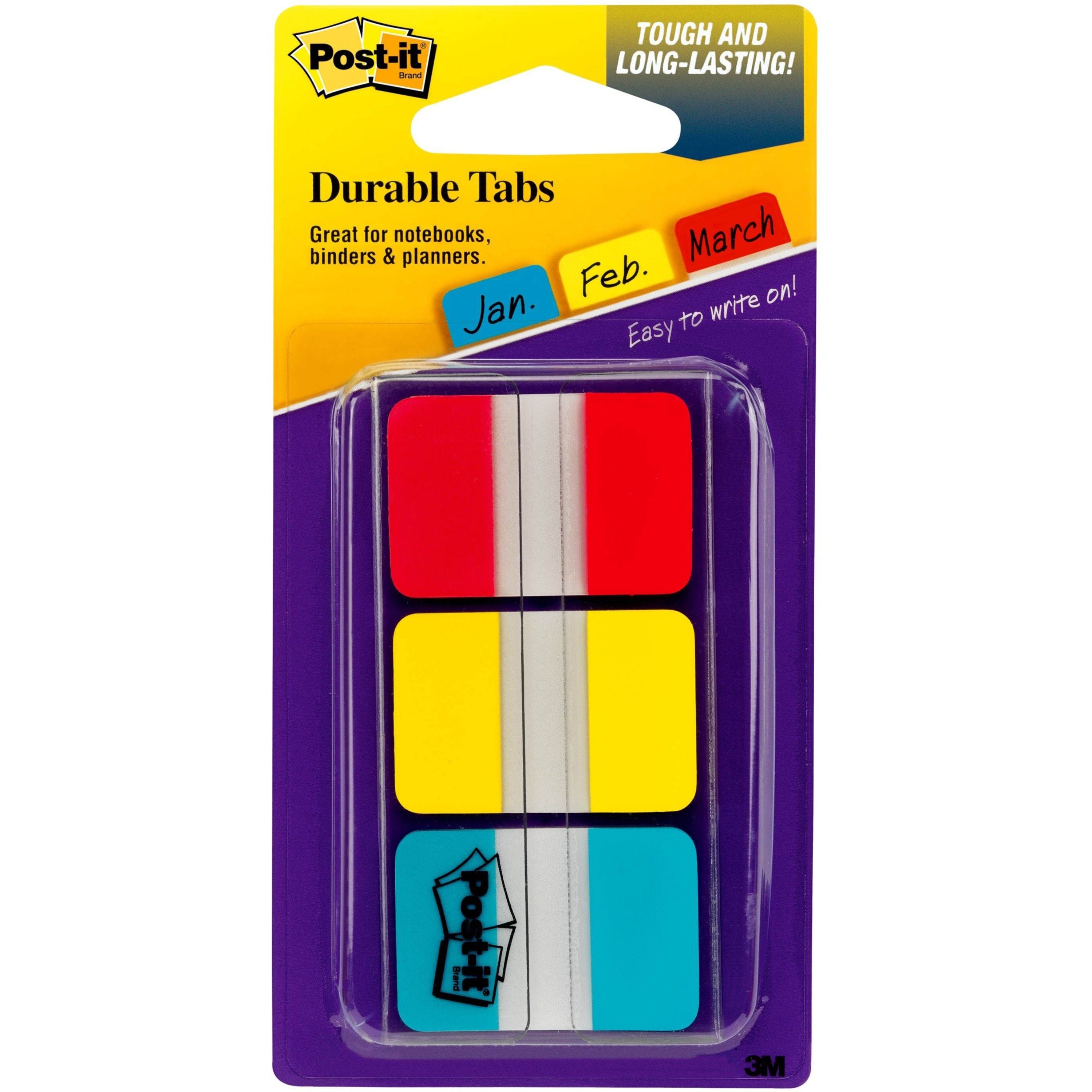 Post-it Durable Tabs - 36 Write-on Tab(s) - 1.50" Tab Height x 1" Tab Width - Red, Yellow, Blue Tab(s) - Wear Resistant, Tear Resistant, Repositionable - 1 / Pack -