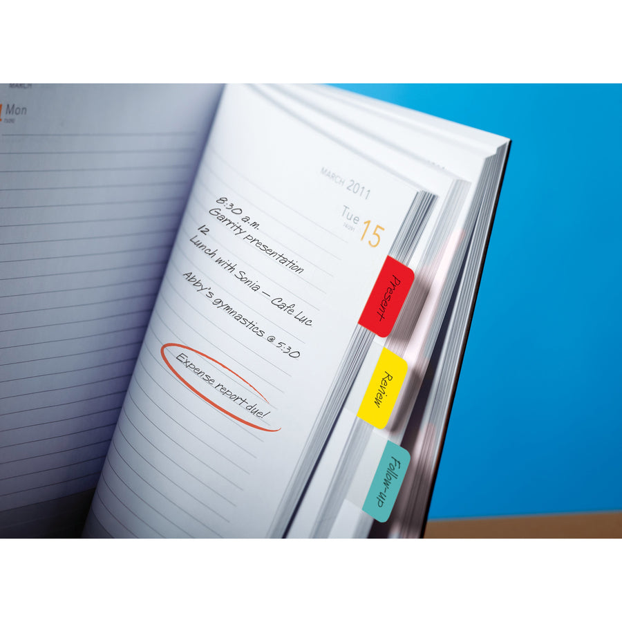 Post-it Durable Tabs - 36 Write-on Tab(s) - 1.50" Tab Height x 1" Tab Width - Red, Yellow, Blue Tab(s) - Wear Resistant, Tear Resistant, Repositionable - 1 / Pack -