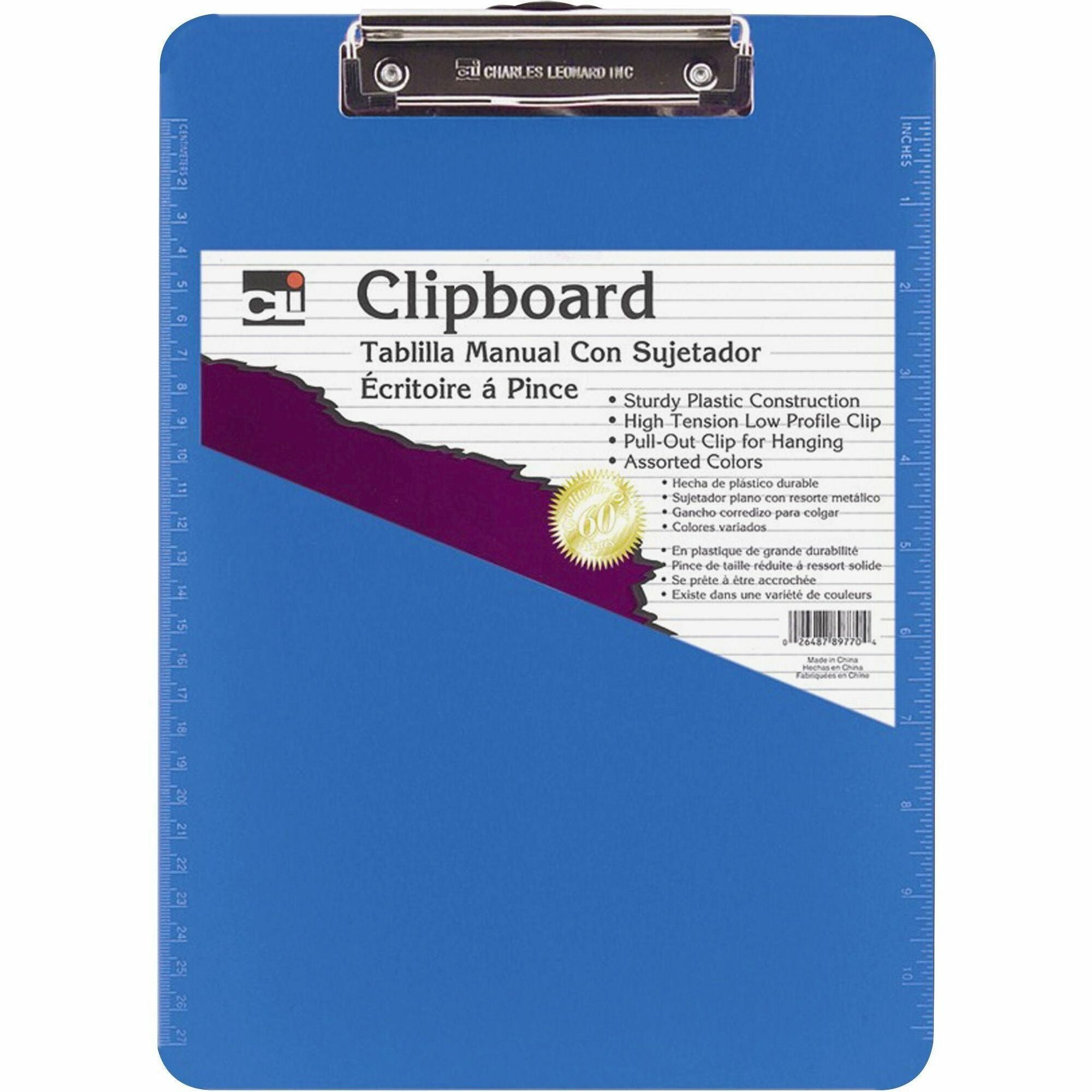 CLI Rubber Grip Plastic Clipboards - 8 1/2" x 11" - Plastic - Neon Blue - 1 Each -