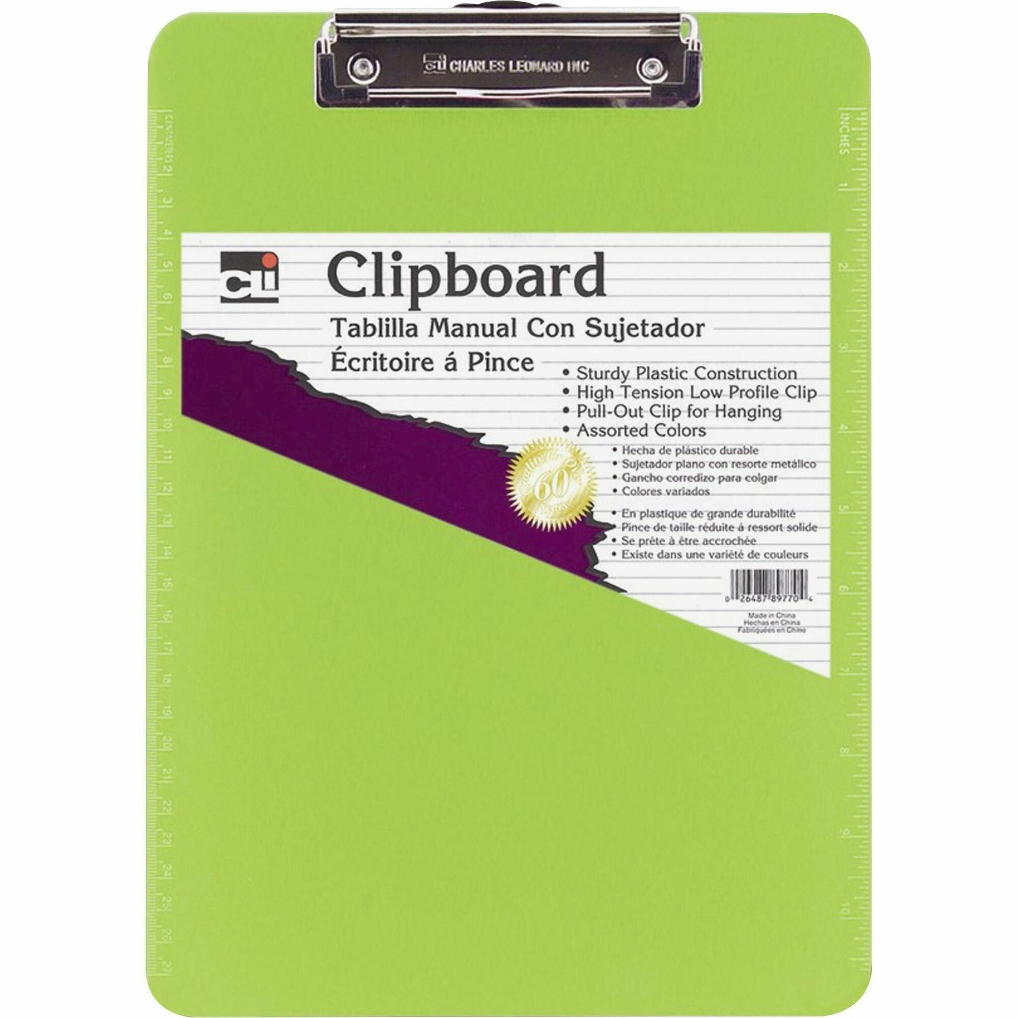 CLI Rubber Grip Plastic Clipboards - 8 1/2" x 11" - Plastic - Neon Green - 1 Each -