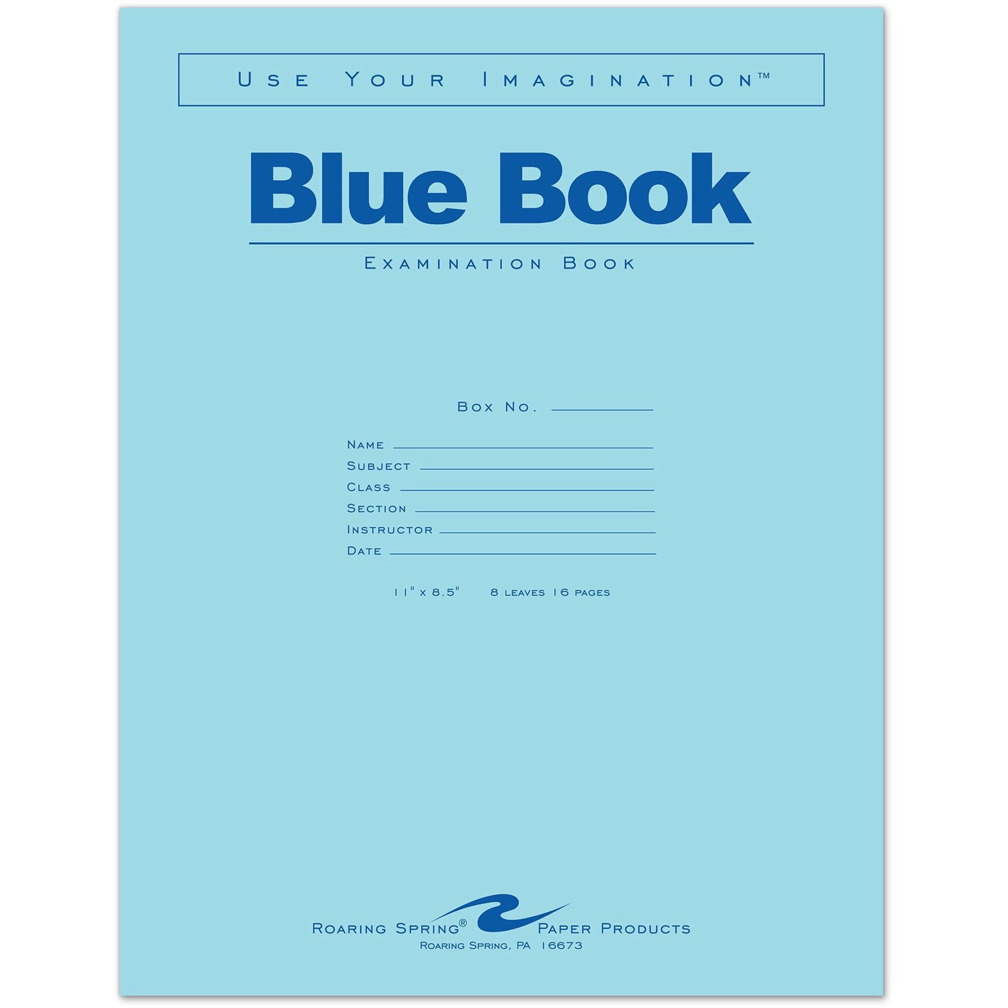 Roaring Spring 8 - sheet Blue Examination Book - Letter - 8 Sheets - 16 Pages - Stapled - Red Margin - 15 lb Basis Weight - Letter - 8 1/2" x 11" - White Paper - Blue Cover - 50 / Pack -