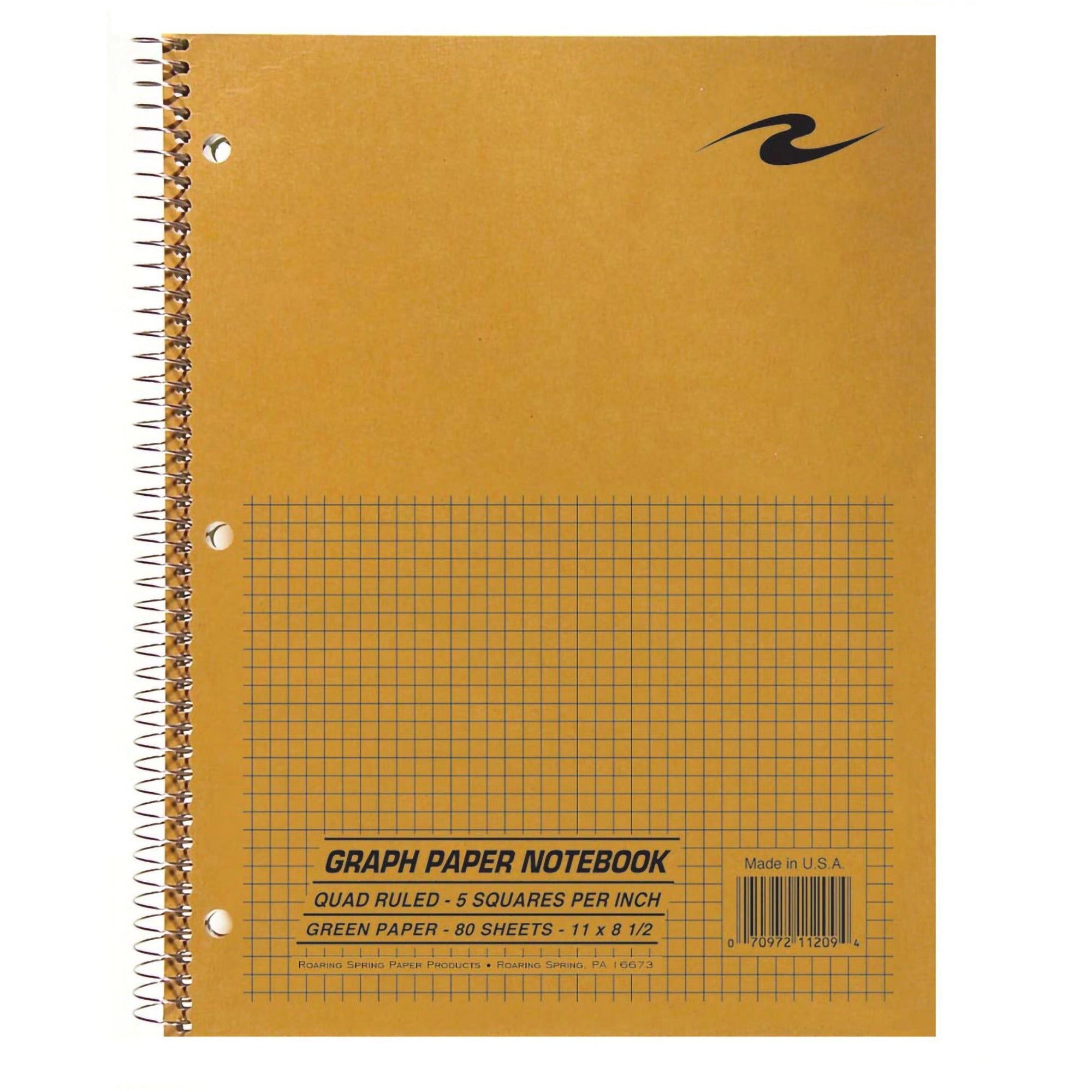 Roaring Spring 5x5 Graph Ruled Spiral Lab Notebook - 80 Sheets - 160 Pages - Printed - Spiral Bound - Both Side Ruling Surface - 3 Hole(s) - 15 lb Basis Weight - 56 g/m2 Grammage - 11" x 8 1/2" - 0.30" x 8.5" x 11" - Green Paper - 1 Each -