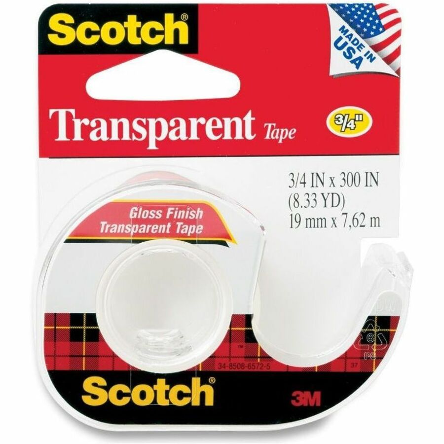 Scotch Gloss Finish Transparent Tape - 25 ft Length x 0.75" Width - 1" Core - Dispenser Included - Handheld Dispenser - Long Lasting, Stain Resistant, Moisture Resistant - For Sealing, Wrapping, Mending, Label Protection - 1 / Roll - Clear -