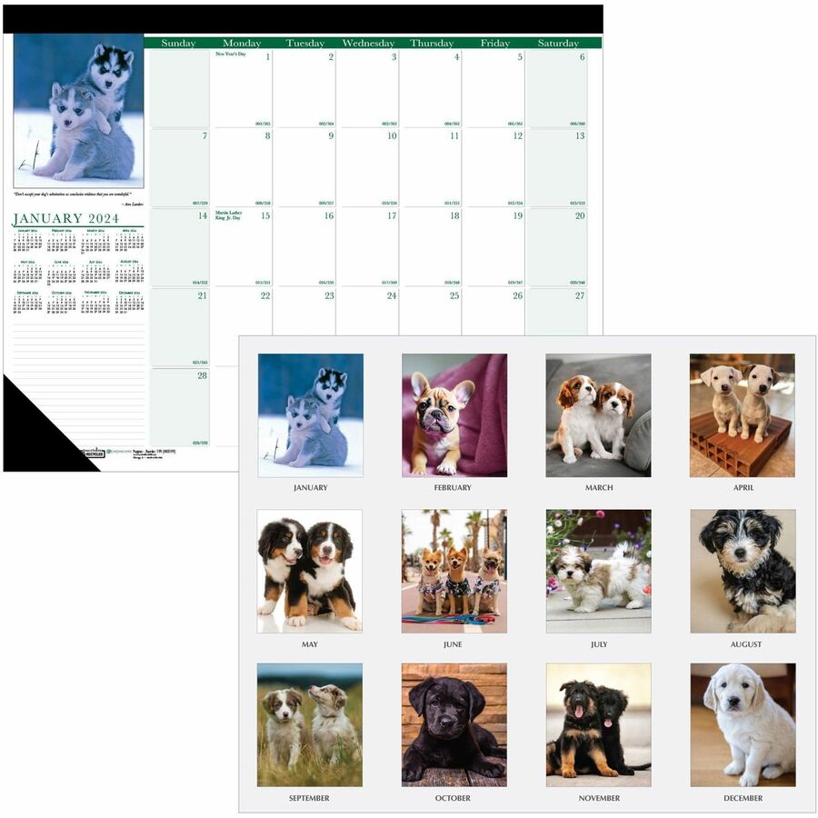 House of Doolittle Earthscapes Puppies Photo Desk Pad - Julian Dates - Monthly - 12 Month - January 2024 - December 2024 - 1 Day Single Page Layout - 22" x 17" Sheet Size - 2.88" x 2.25" Block - Desk Pad - White - Leatherette, Paper - 1 Each -