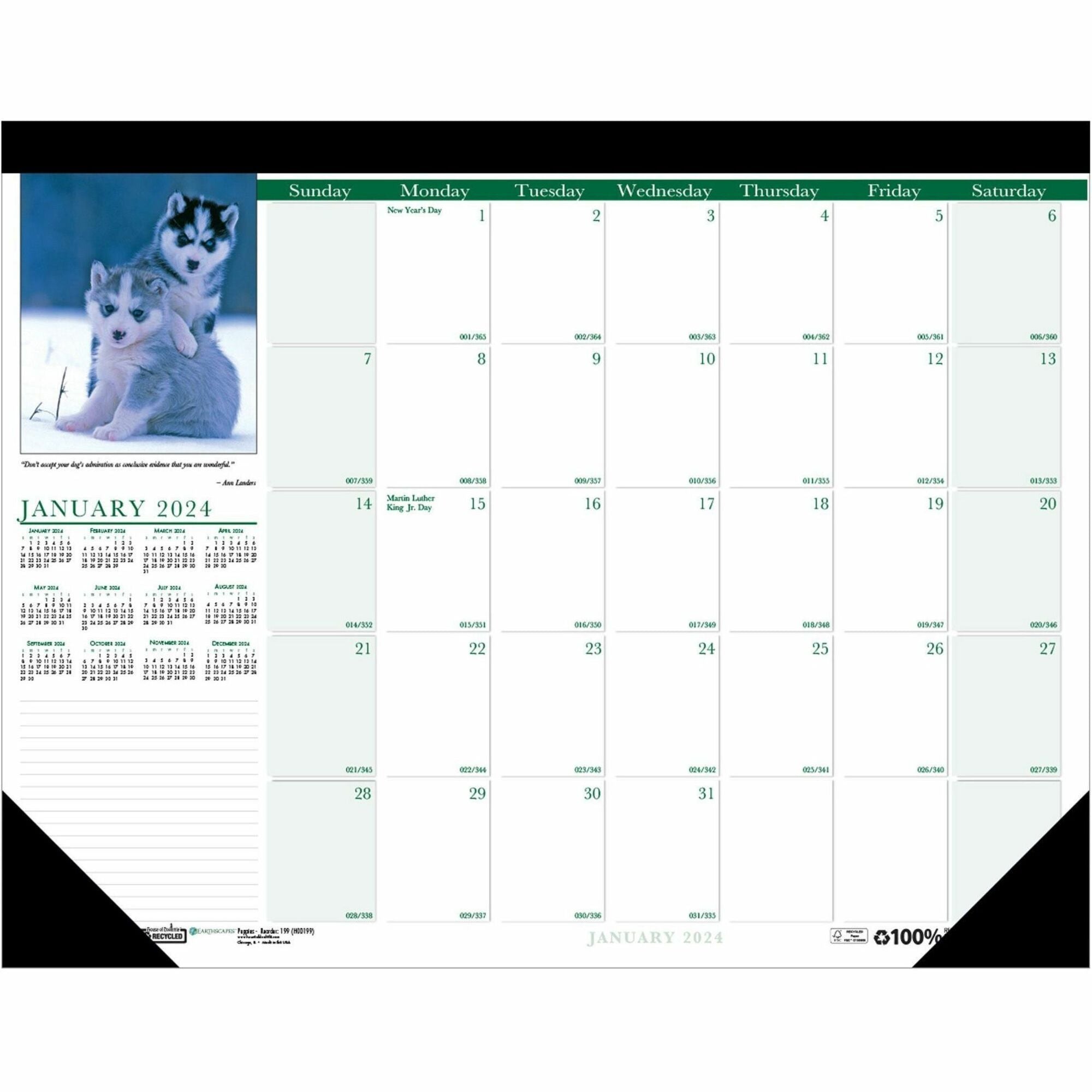 House of Doolittle Earthscapes Puppies Photo Desk Pad - Julian Dates - Monthly - 12 Month - January 2024 - December 2024 - 1 Day Single Page Layout - 22" x 17" Sheet Size - 2.88" x 2.25" Block - Desk Pad - White - Leatherette, Paper - 1 Each -