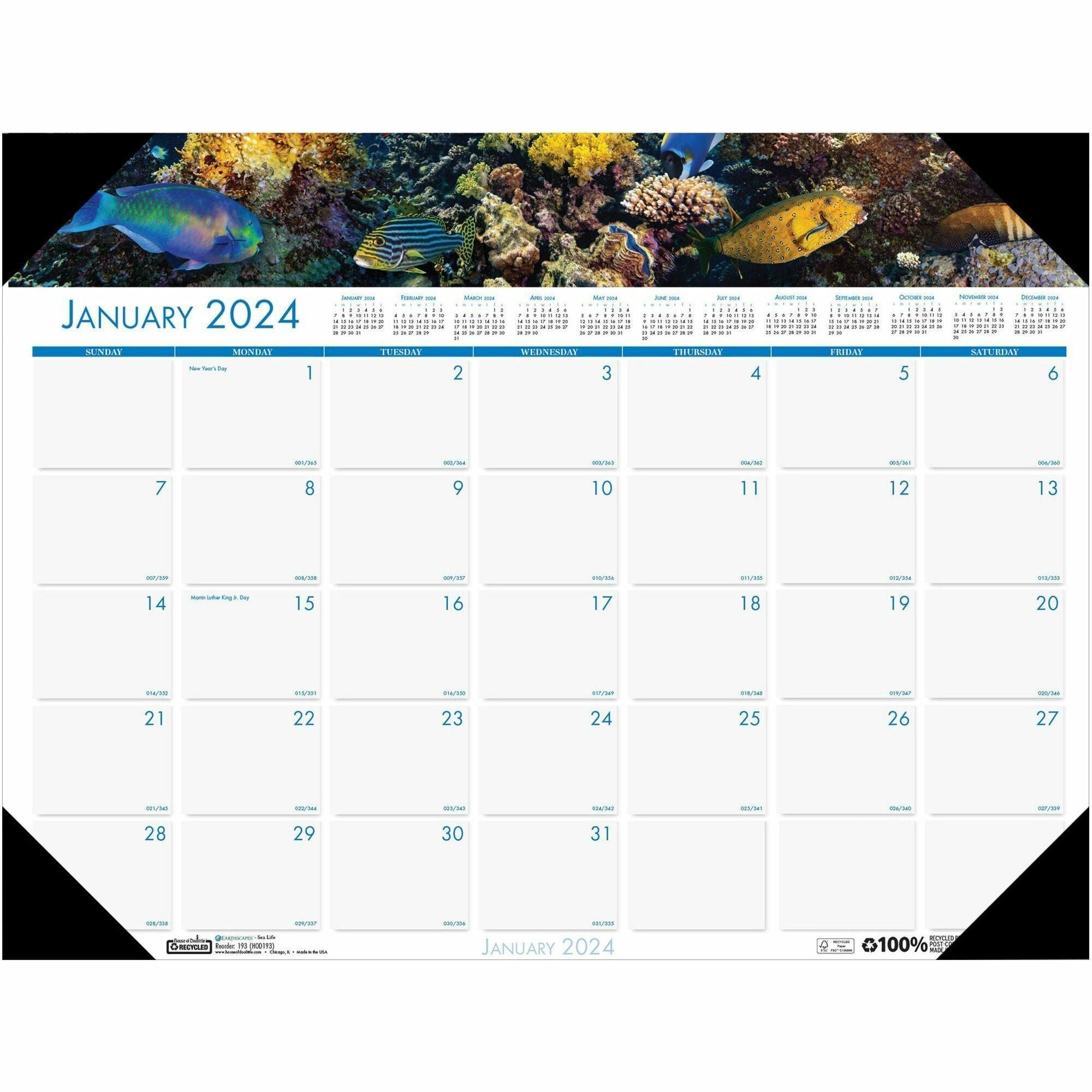 House of Doolittle EarthScapes Sea Life Desk Pads - Julian Dates - Monthly - 12 Month - January 2024 - December 2024 - 1 Month Single Page Layout - 22" x 17" Sheet Size - 2.25" x 3.06" Block - Desk Pad - White - Leatherette, Paper - Holder, Notepad, -