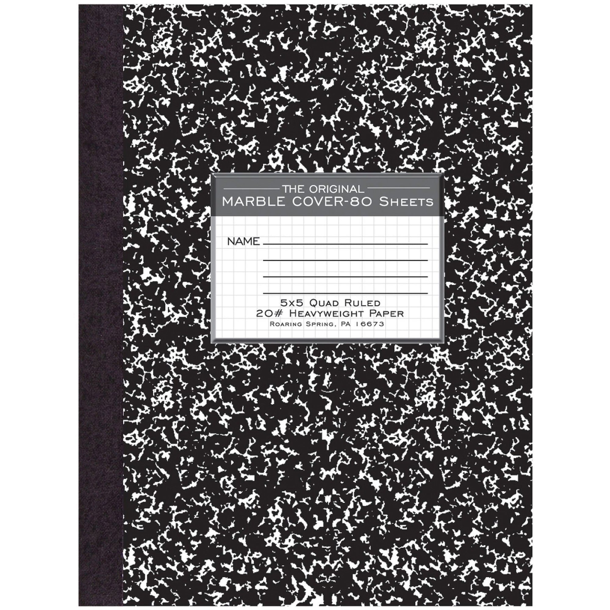 Roaring Spring Black Marble Composition Book - 80 Sheets - 160 Pages - Printed - Sewn/Tapebound - Both Side Ruling Surface - 20 lb Basis Weight - 10 1/4" x 7 7/8" - 0.50" x 7.9" x 10.3" - White Paper - Black Binding - Black Marble Marble Clay, White -