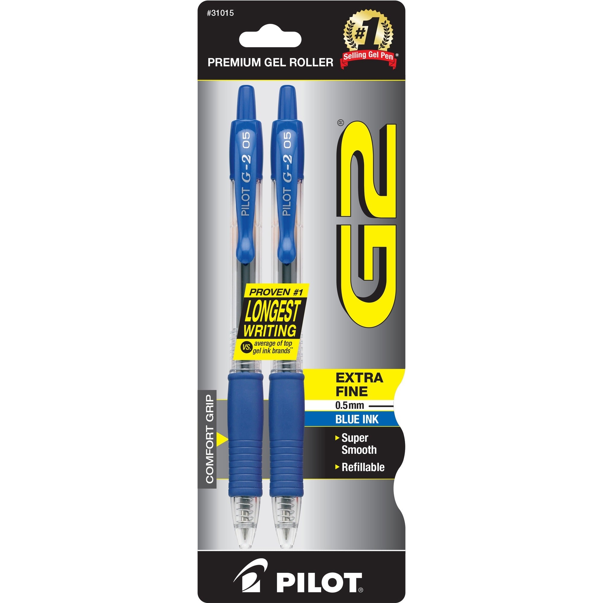 Pilot G2 Retractable Gel Ink Rollerball Pens - Fine Pen Point - 0.5 mm Pen Point Size - Refillable - Retractable - Blue Gel-based Ink - 2 / Pack -
