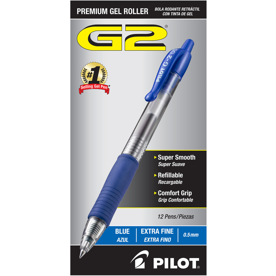 Pilot G2 Retractable XFine Gel Ink Rollerball Pens - Extra Fine Pen Point - 0.5 mm Pen Point Size - Refillable - Retractable - Blue Gel-based Ink - 1 Dozen -