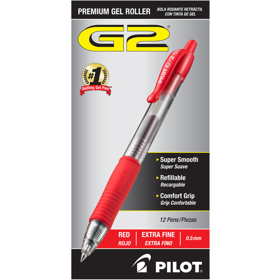 Pilot G2 Retractable XFine Gel Ink Rollerball Pens - Extra Fine Pen Point - 0.5 mm Pen Point Size - Refillable - Retractable - Red Gel-based Ink - 1 Dozen -