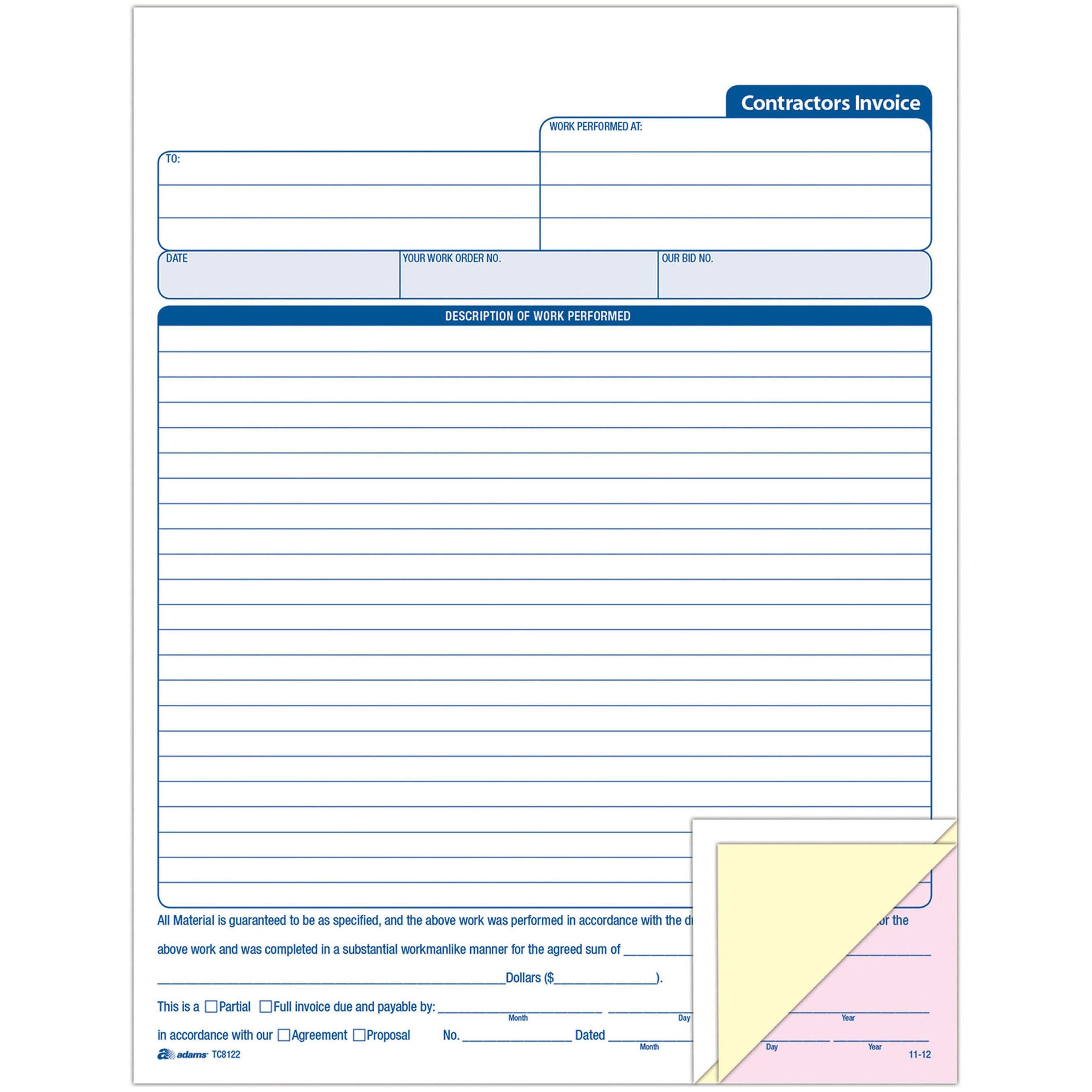 Adams Contractor's Invoice Book - 50 Sheet(s) - 3 PartCarbonless Copy - 8.37" x 11" Sheet Size - White - 1 Each -