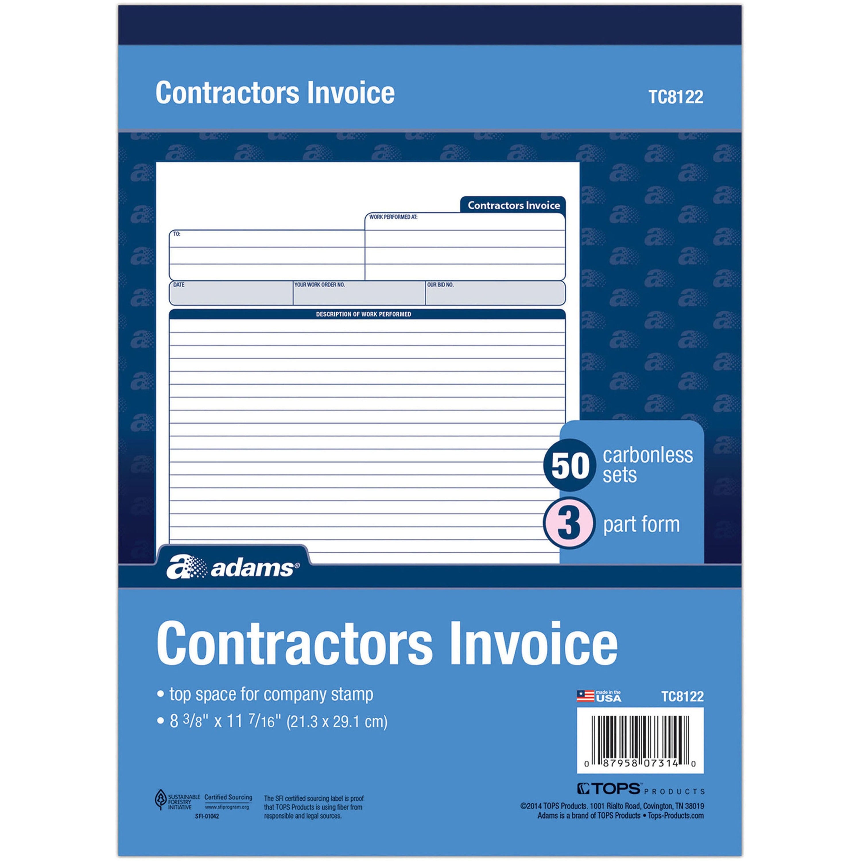 Adams Contractor's Invoice Book - 50 Sheet(s) - 3 PartCarbonless Copy - 8.37" x 11" Sheet Size - White - 1 Each -