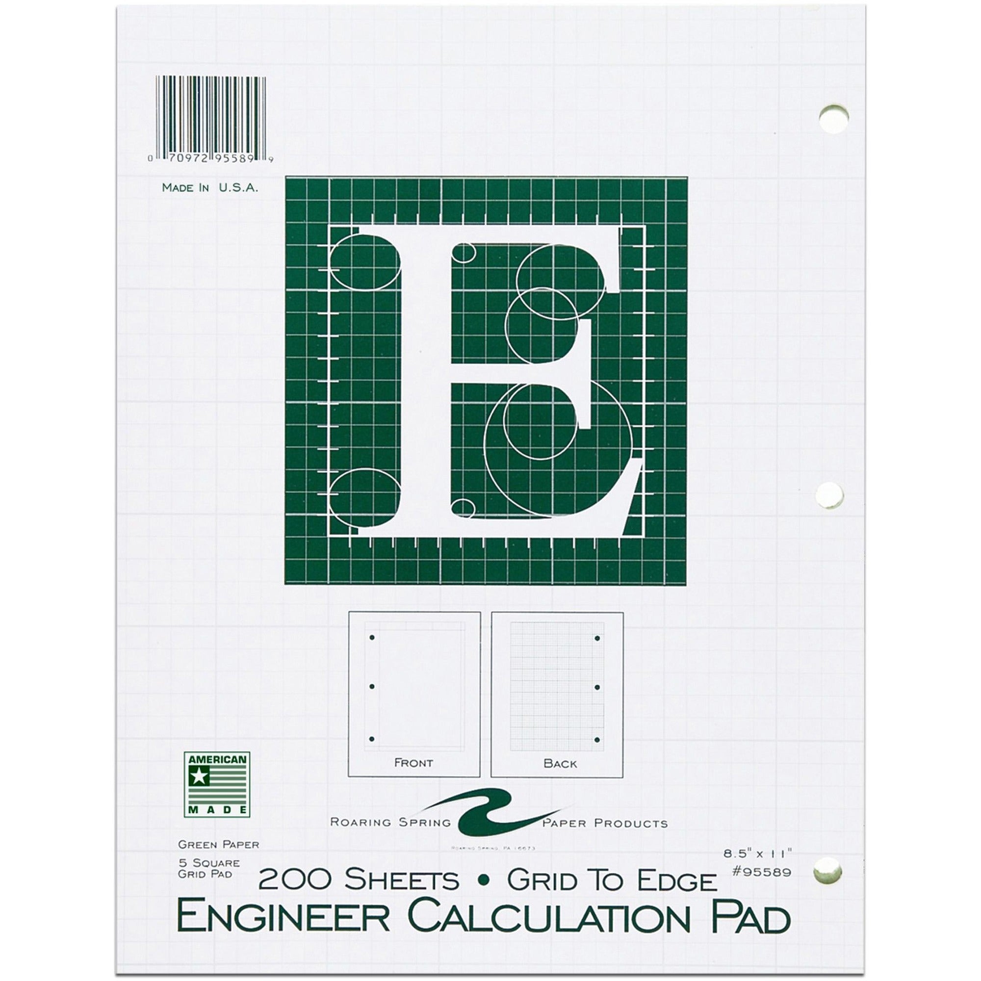 Roaring Spring 5x5 Grid Engineering Pad - 200 Sheets - 400 Pages - Printed - Glued - Back Ruling Surface - 3 Hole(s) - 15 lb Basis Weight - 56 g/m2 Grammage - 11" x 8 1/2" - 0.66" x 8.5" x 11" - Green Paper - Chipboard Cover - 1 Each -