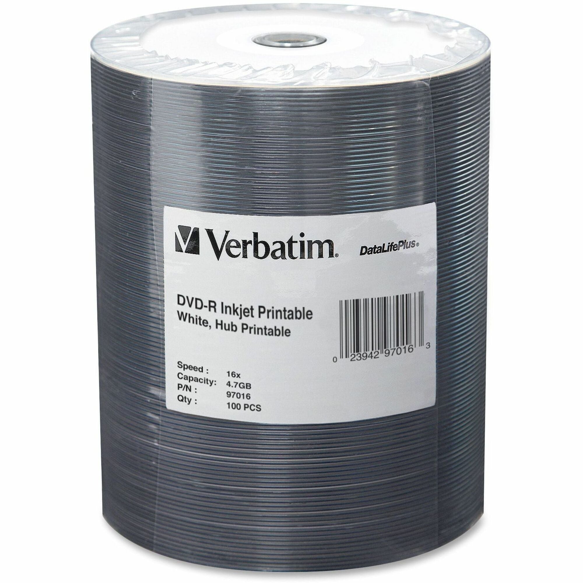 Verbatim 97016 DVD Recordable Media - DVD-R - 16x - 4.70 GB - 100 Pack Wrap - Inkjet Printable -