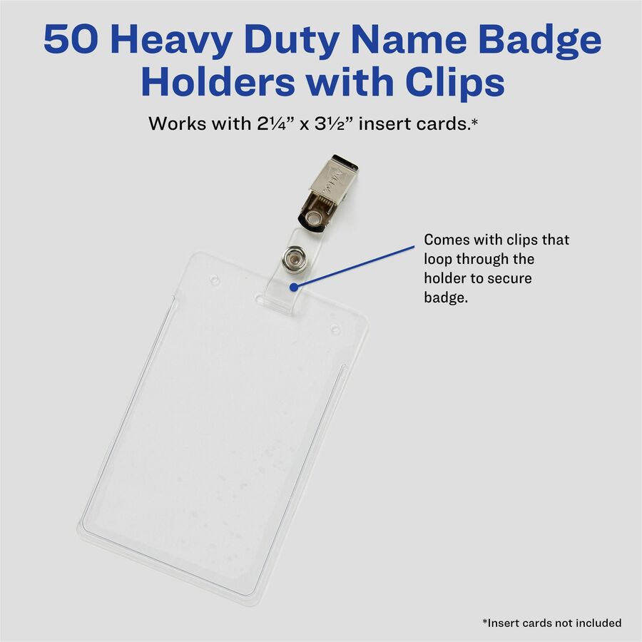 Avery Heavy-Duty Secure Top Clip-Style Badge Holders - Support 2.25" x 3.50" Media - Portrait - 2.3" x 3.3" - Plastic - 50 / Box - Clear -