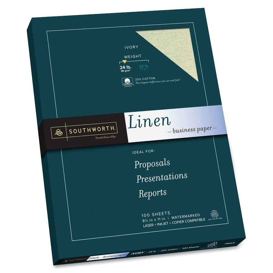 Southworth 25% Cotton Linen Business Paper - Letter - 8 1/2" x 11" - 24 lb Basis Weight - Linen - 100 / Box - Acid-free, Watermarked, Date-coded - Ivory -