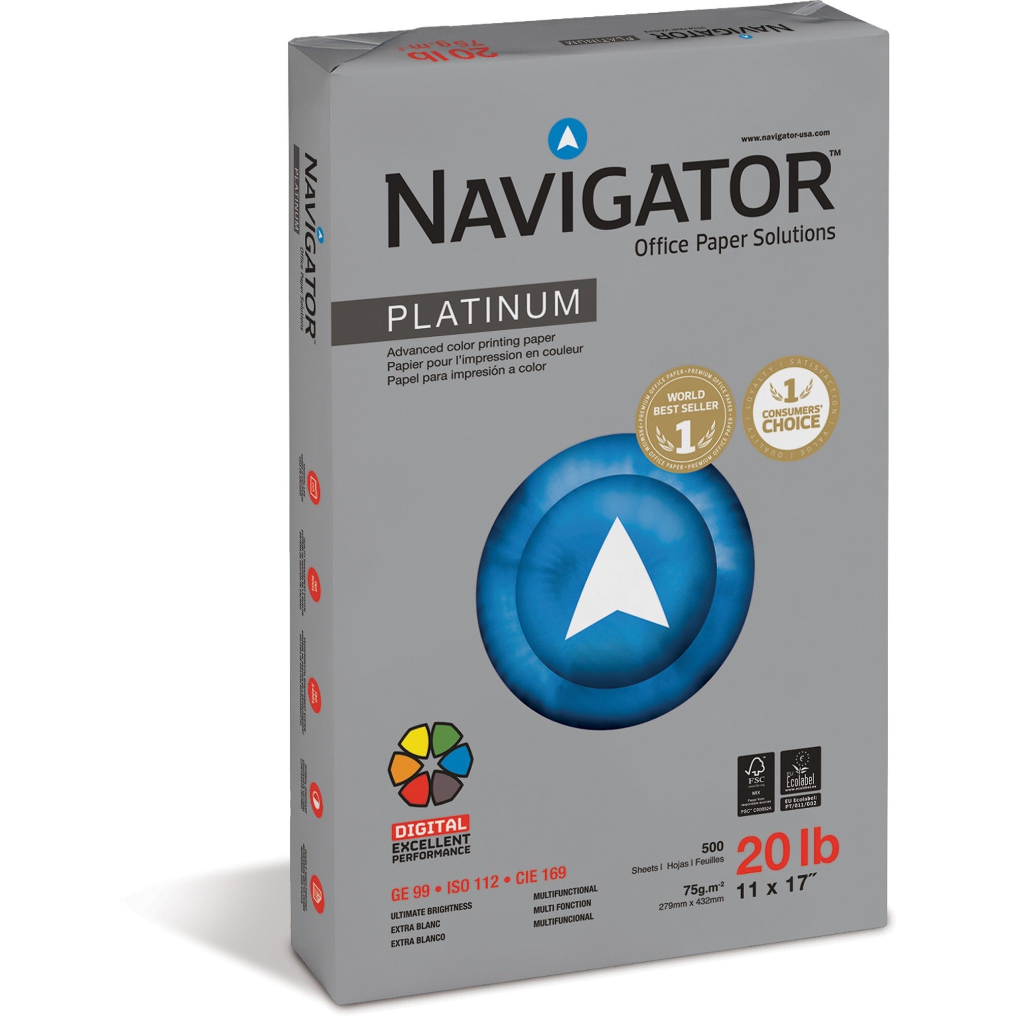 Navigator Platinum Superior Productivity Multipurpose Paper - Silky Touch - White - 11" x 17" - 20 lb Basis Weight - Smooth - 2500 / Carton - Jam-free, Chlorine-free - Bright White -