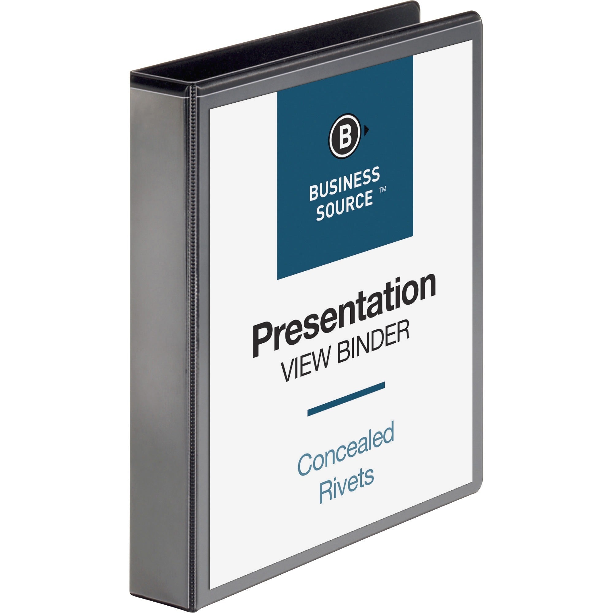 Business Source Standard View Round Ring Binder - 1 1/2" Binder Capacity - Letter - 8 1/2" x 11" Sheet Size - 350 Sheet Capacity - 3 x Round Ring Fastener(s) - 2 Internal Pocket(s) - Black - 8 oz - Concealed Rivet, Non Locking Mechanism, Clear Overla -