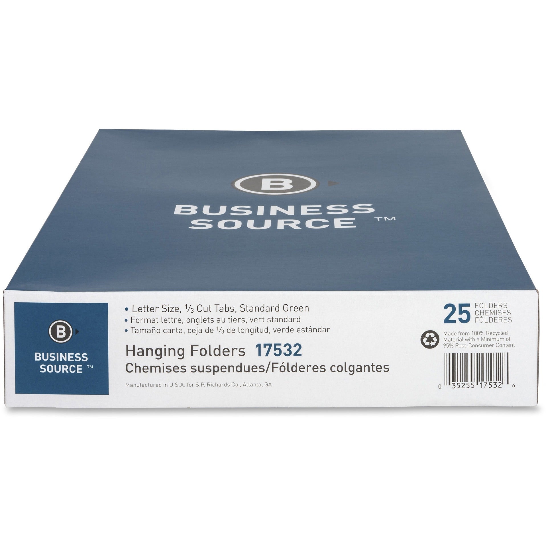 Business Source 1/3 Tab Cut Letter Recycled Hanging Folder - 8 1/2" x 11" - Standard Green - 100% Recycled - 25 / Box -