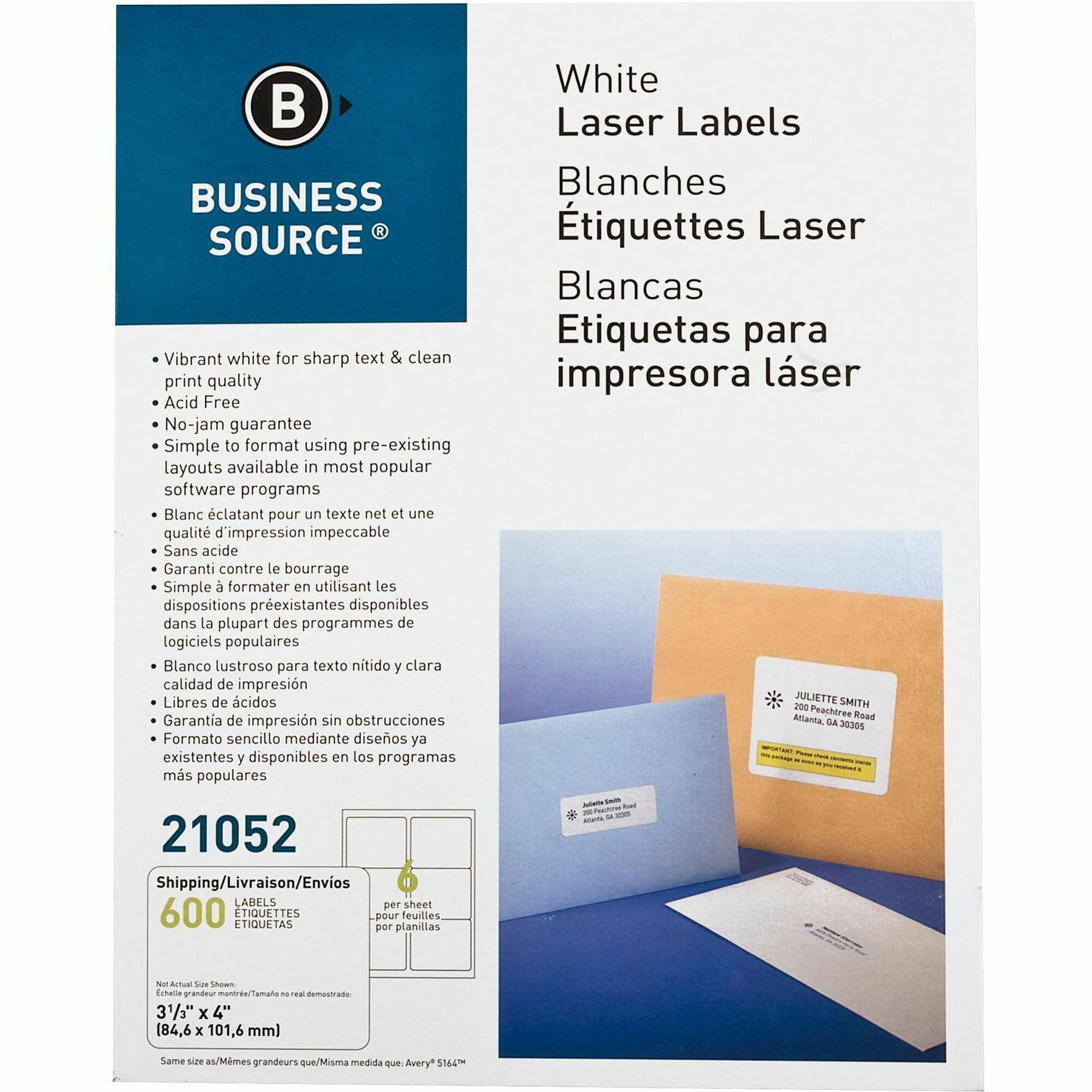 Business Source Bright White Premium-quality Address Labels - 3 1/3" Width x 4" Length - Permanent Adhesive - Rectangle - Laser, Inkjet - White - 6 / Sheet - 100 Total Sheets - 600 / Pack - Jam-free -