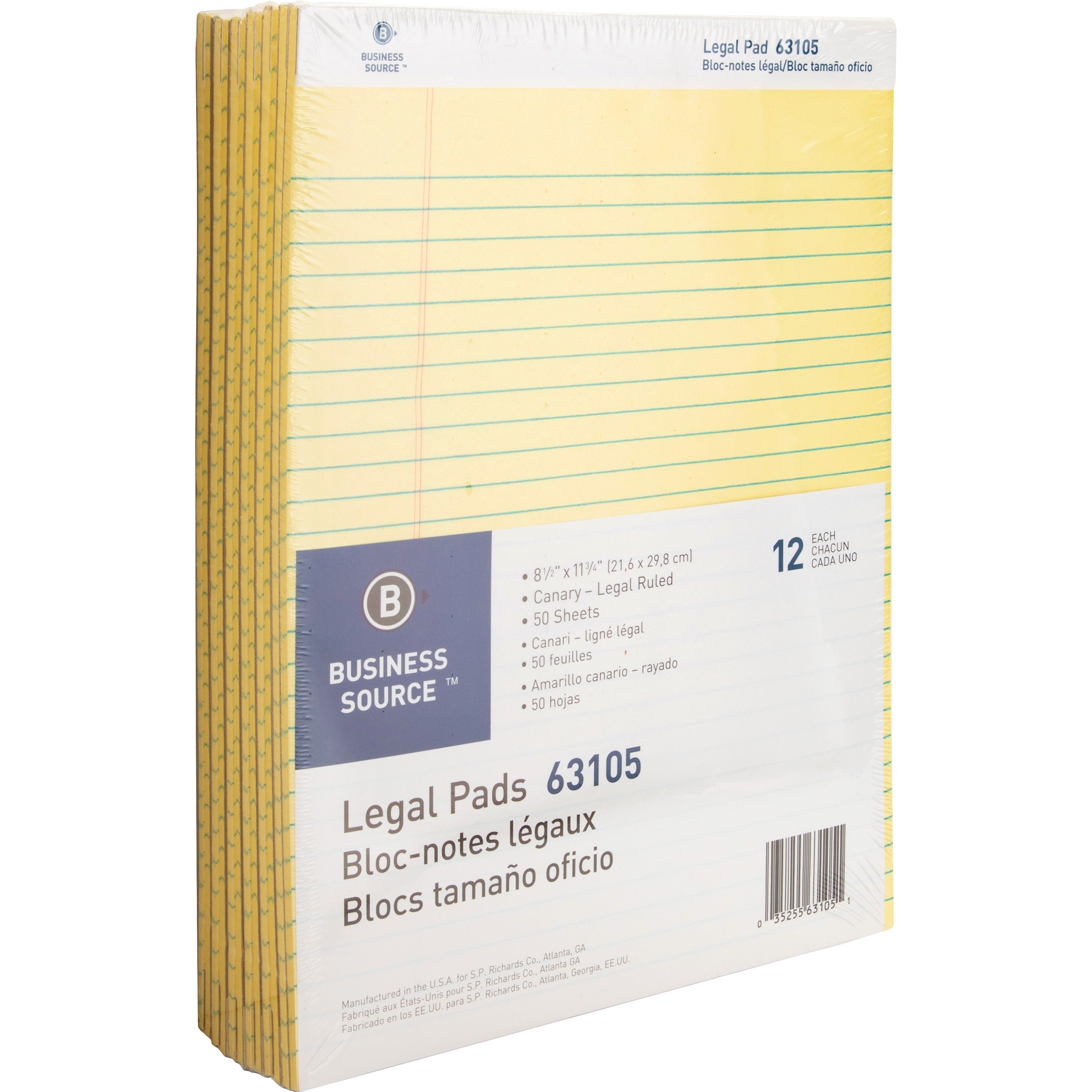 Business Source Micro-Perforated Legal Ruled Pads - 50 Sheets - 0.34" Ruled - 16 lb Basis Weight - 8 1/2" x 11 3/4" - Canary Paper - Micro Perforated, Easy Tear, Sturdy Back - 1 Dozen -