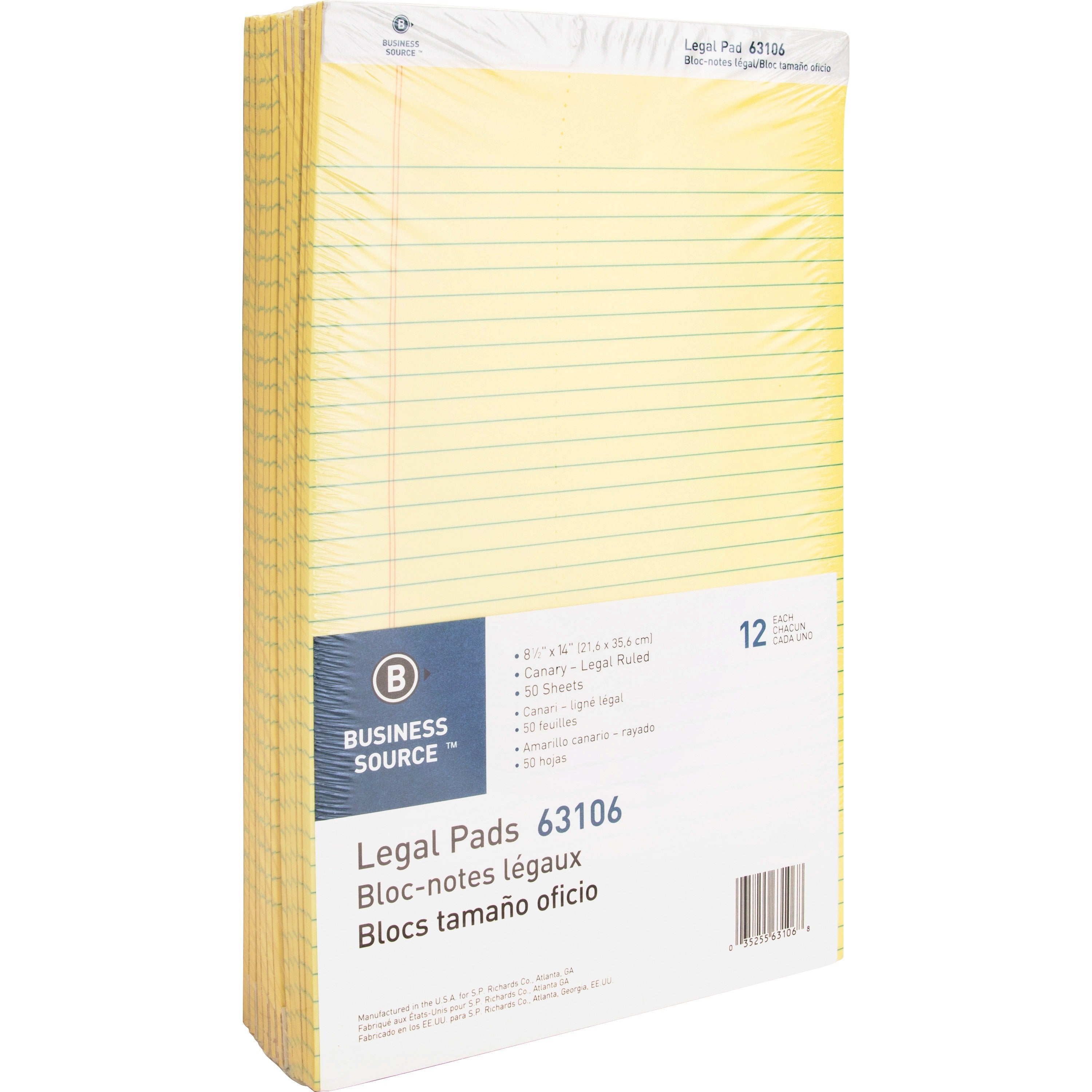 Business Source Legal Pads - 50 Sheets - 0.34" Ruled - 16 lb Basis Weight - Legal - 8 1/2" x 14" - Canary Paper - Micro Perforated, Easy Tear, Sturdy Back - 1 Dozen -