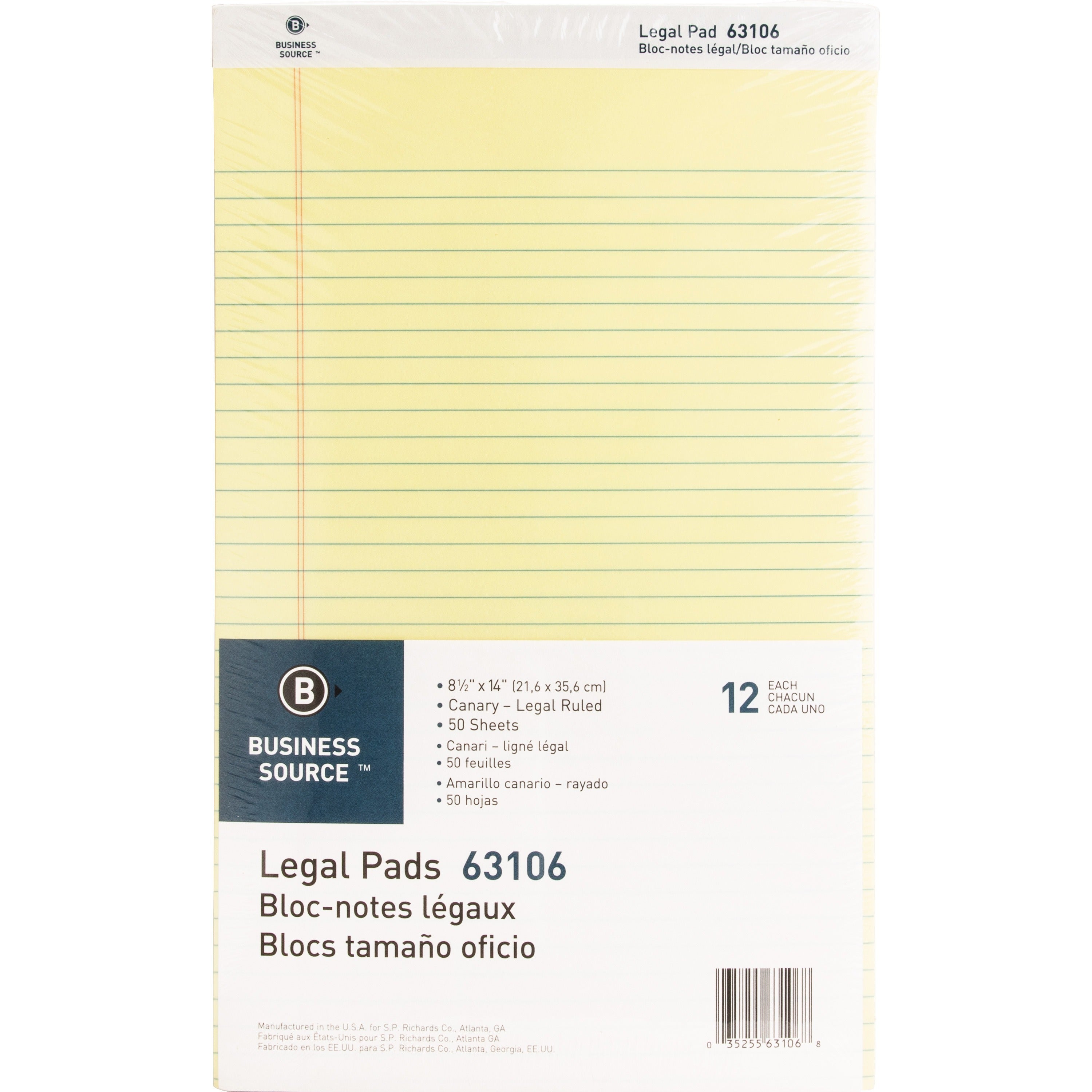 Business Source Legal Pads - 50 Sheets - 0.34" Ruled - 16 lb Basis Weight - Legal - 8 1/2" x 14" - Canary Paper - Micro Perforated, Easy Tear, Sturdy Back - 1 Dozen -