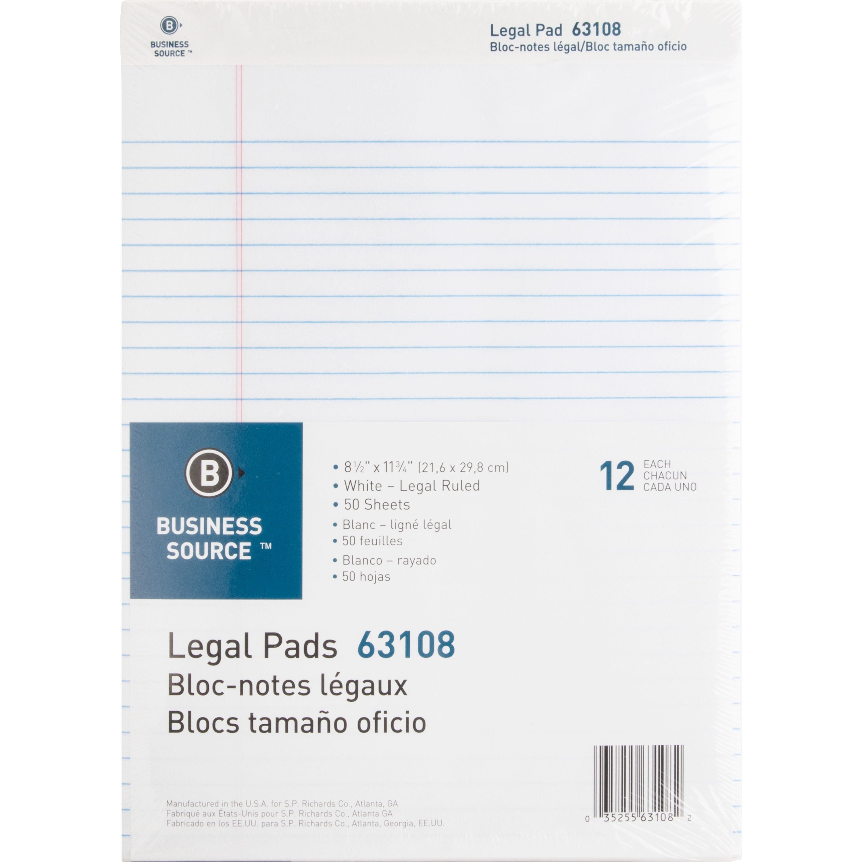 Business Source Micro-Perforated Legal Ruled Pads - 50 Sheets - 0.34" Ruled - 16 lb Basis Weight - 8 1/2" x 11 3/4" - White Paper - Micro Perforated, Easy Tear, Sturdy Back - 1 Dozen -